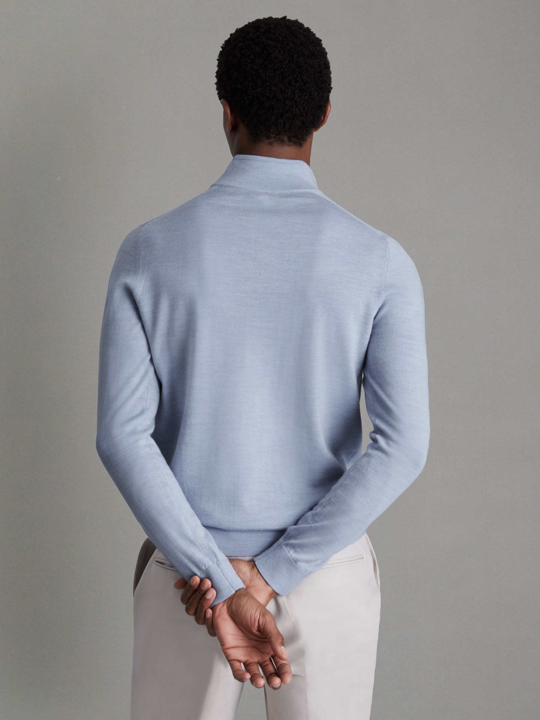 Merino Wool Half-Zip Funnel Neck Jumper in Soft Blue Melange - Image 3 of 4