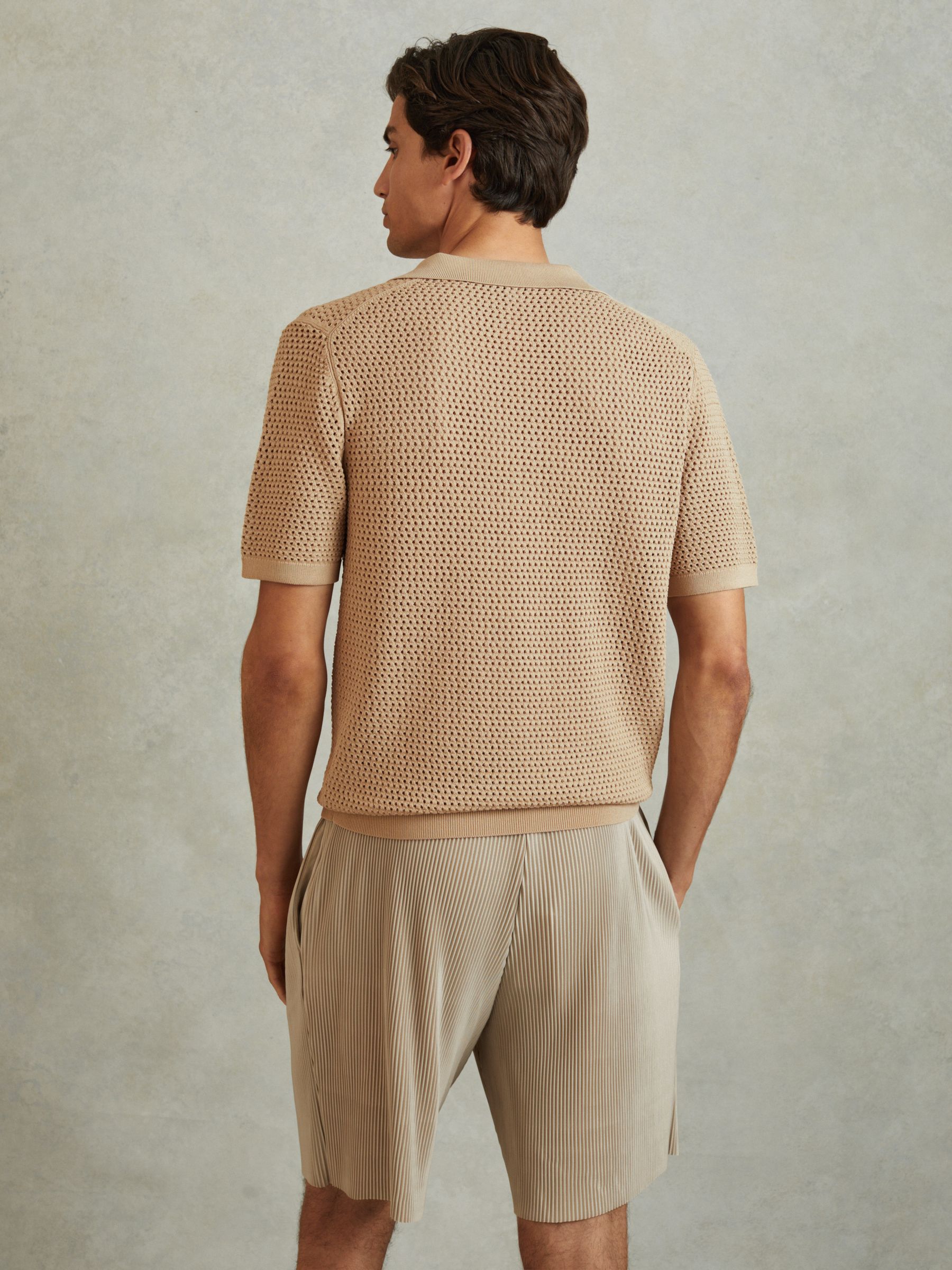 Knitted Cuban Collar Polo Shirt in Stone - Image 4 of 5