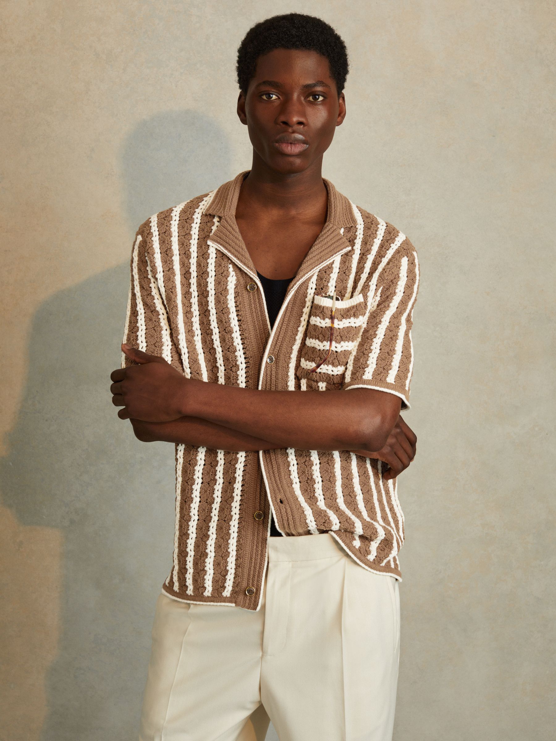 Oversized Crochet Striped Cuban Collar Shirt in Camel/White - Image 1 of 5