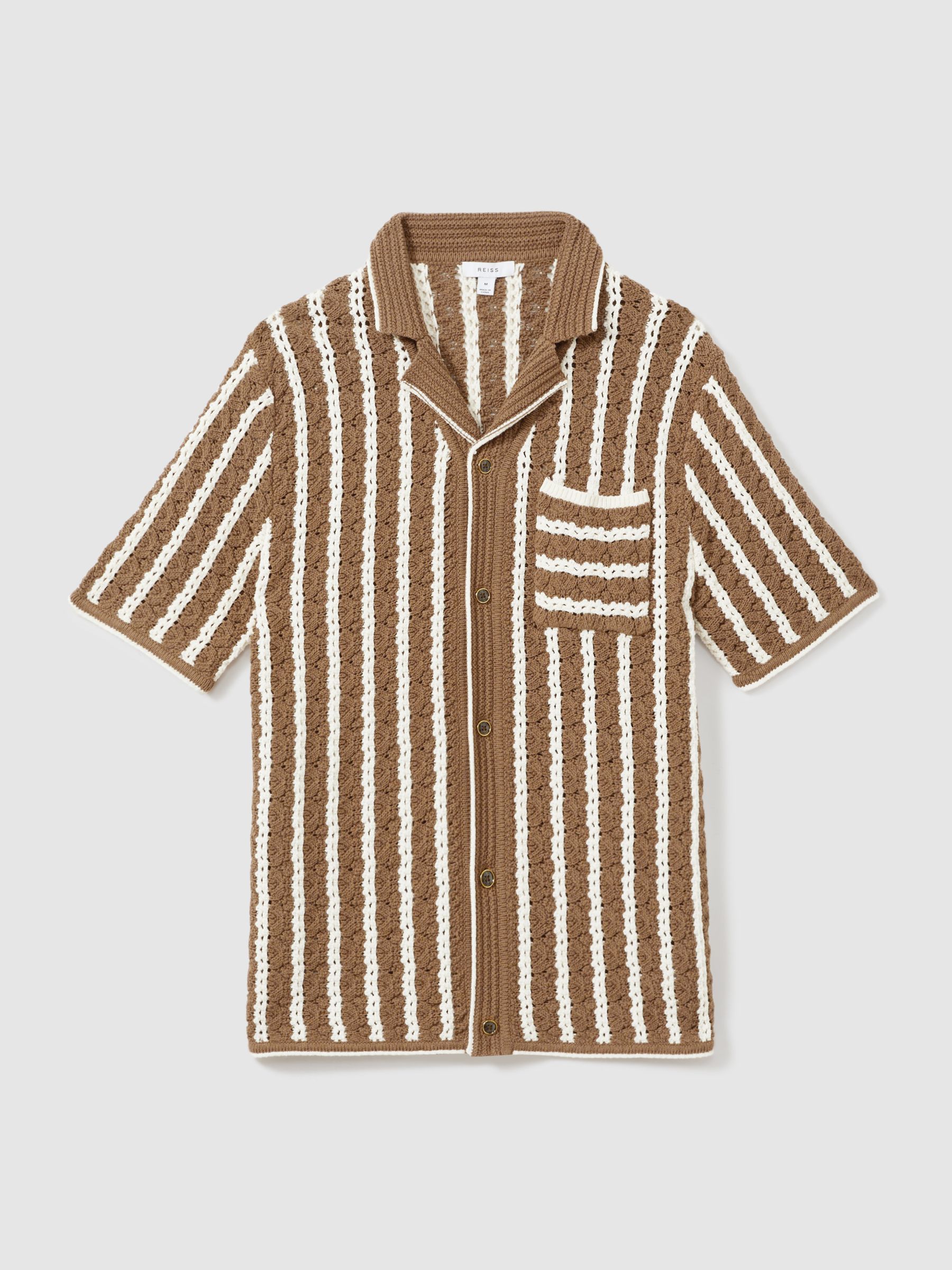 Oversized Crochet Striped Cuban Collar Shirt in Camel/White - Image 2 of 5