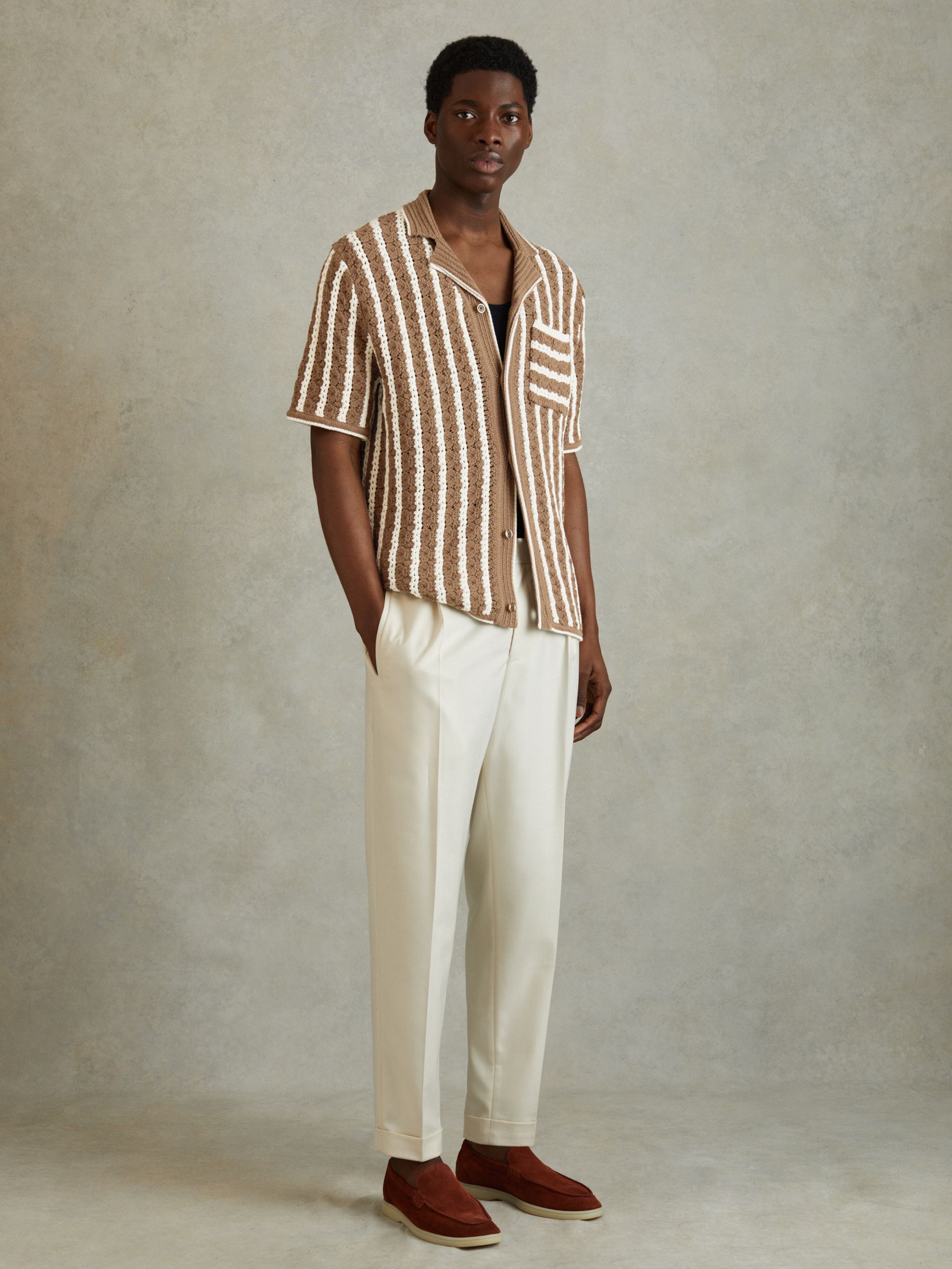 Oversized Crochet Striped Cuban Collar Shirt in Camel/White - Image 3 of 5