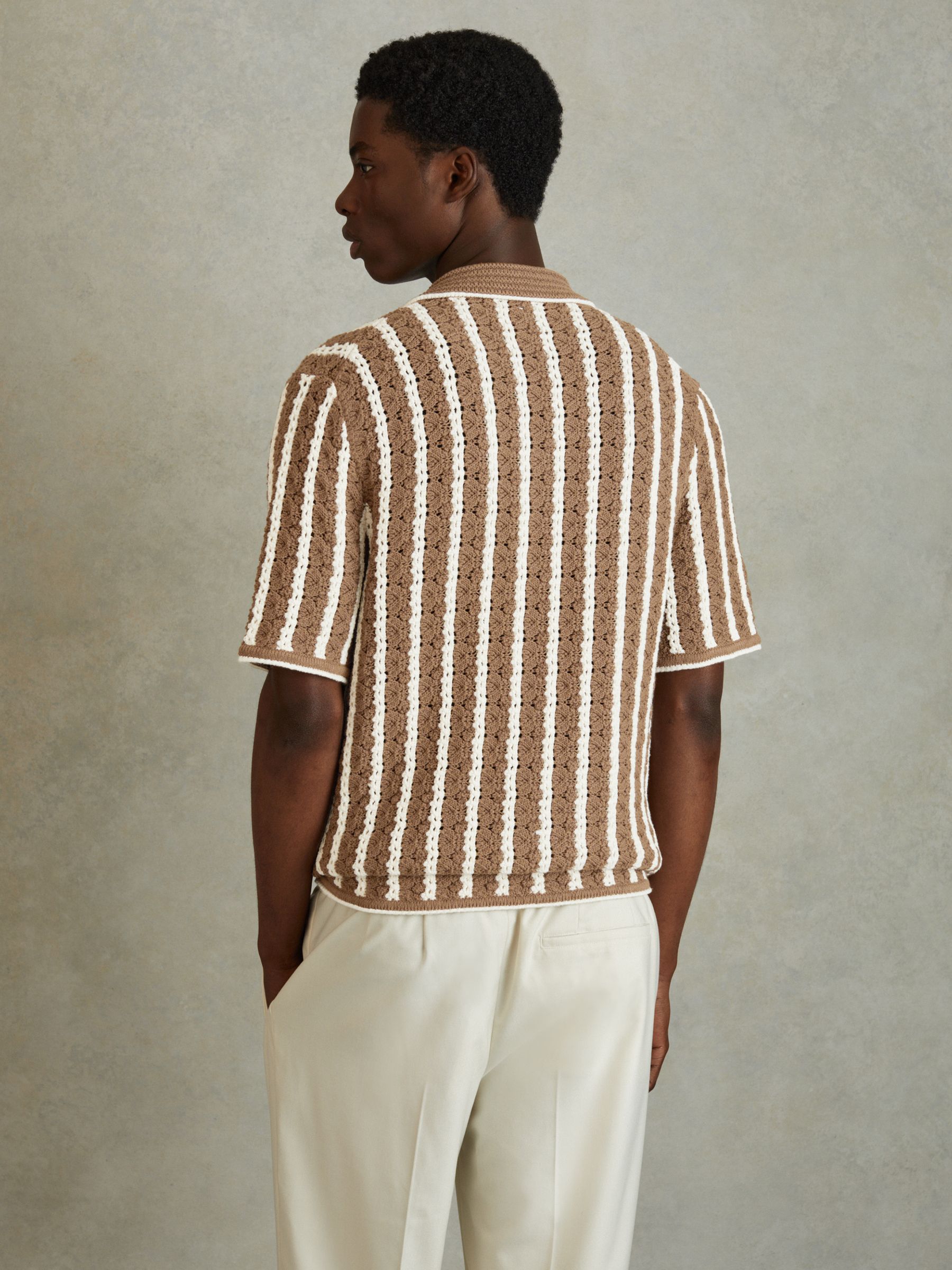 Oversized Crochet Striped Cuban Collar Shirt in Camel/White - Image 4 of 5