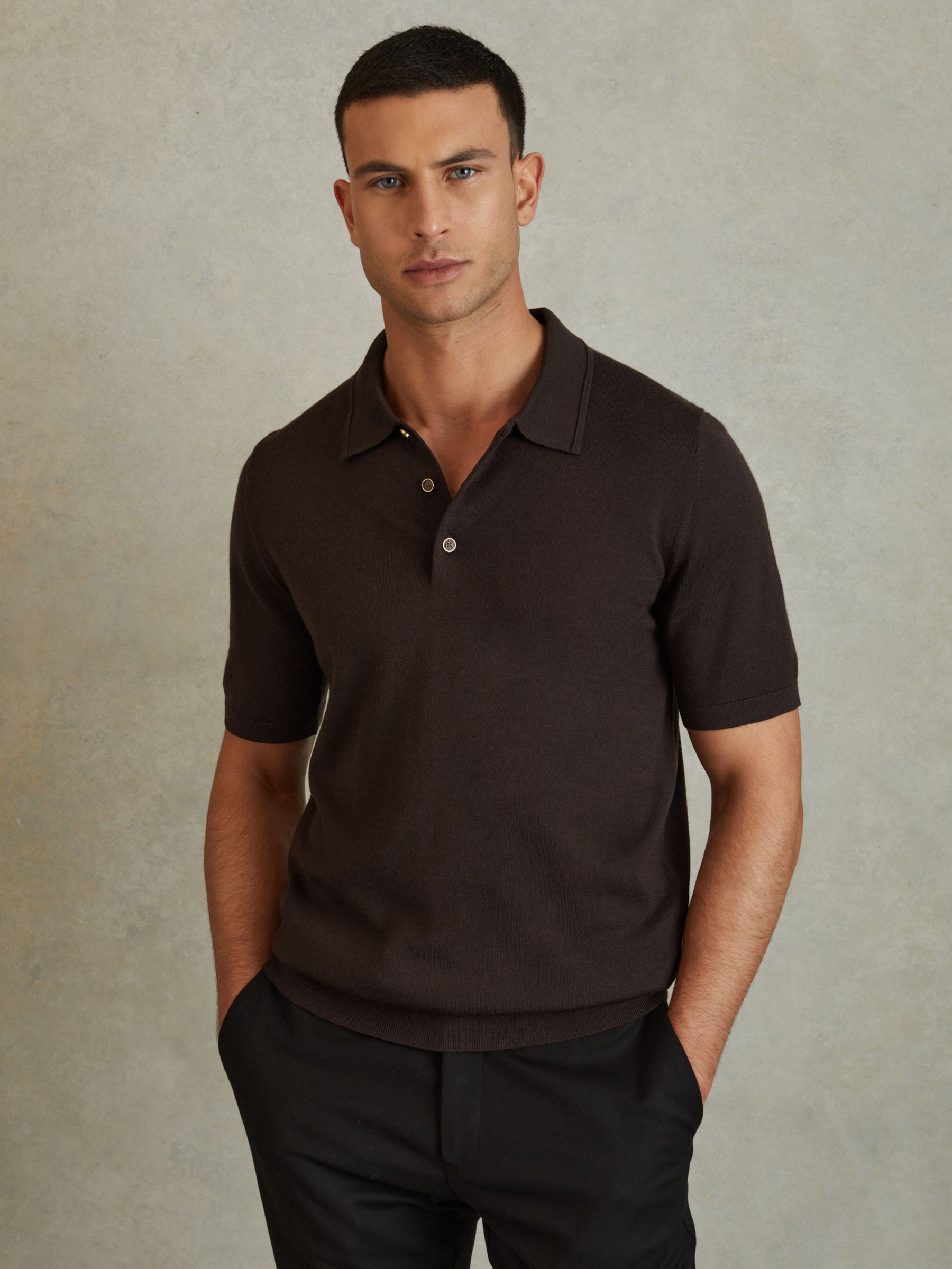 Merino Wool Polo Shirt in Coco Brown - Image 1 of 5
