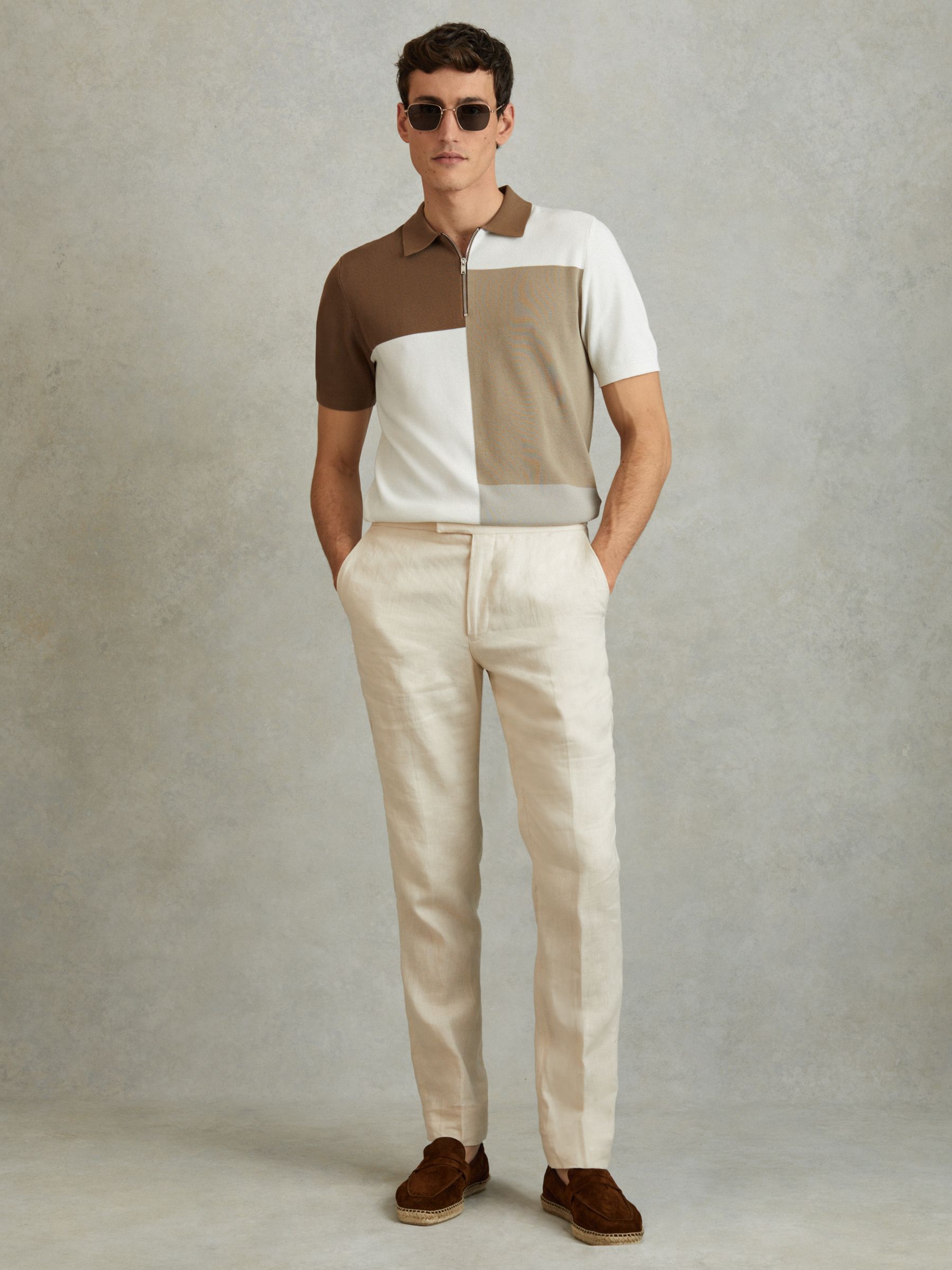 Colourblock Half-Zip Polo Shirt in Camel Multi - Image 1 of 4