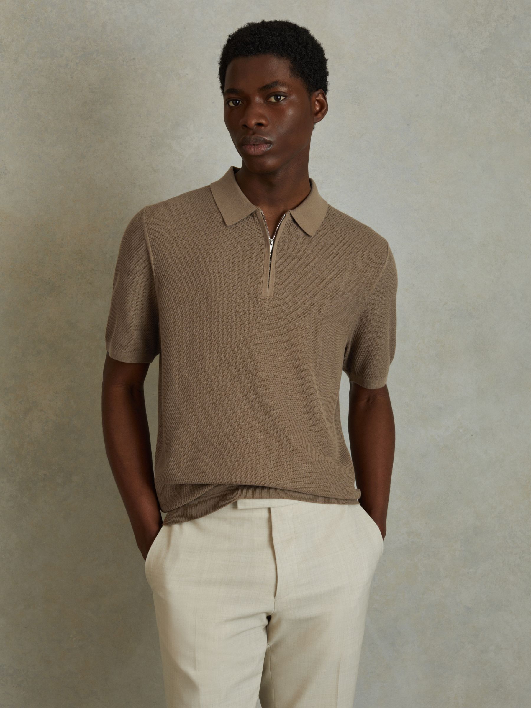 Textured Half-Zip Polo Shirt in Camel - Image 1 of 6 Textured Half-Zip Polo Shirt in Camel - Image 1 of 6