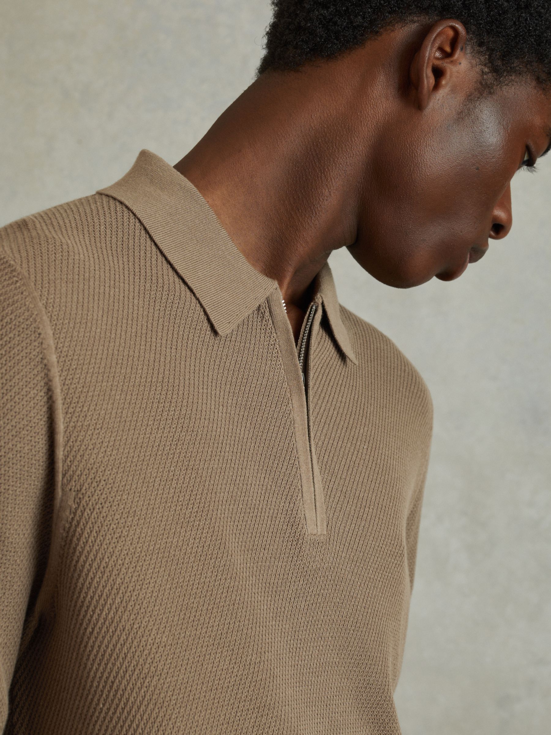 Textured Half-Zip Polo Shirt in Camel - Image 3 of 6