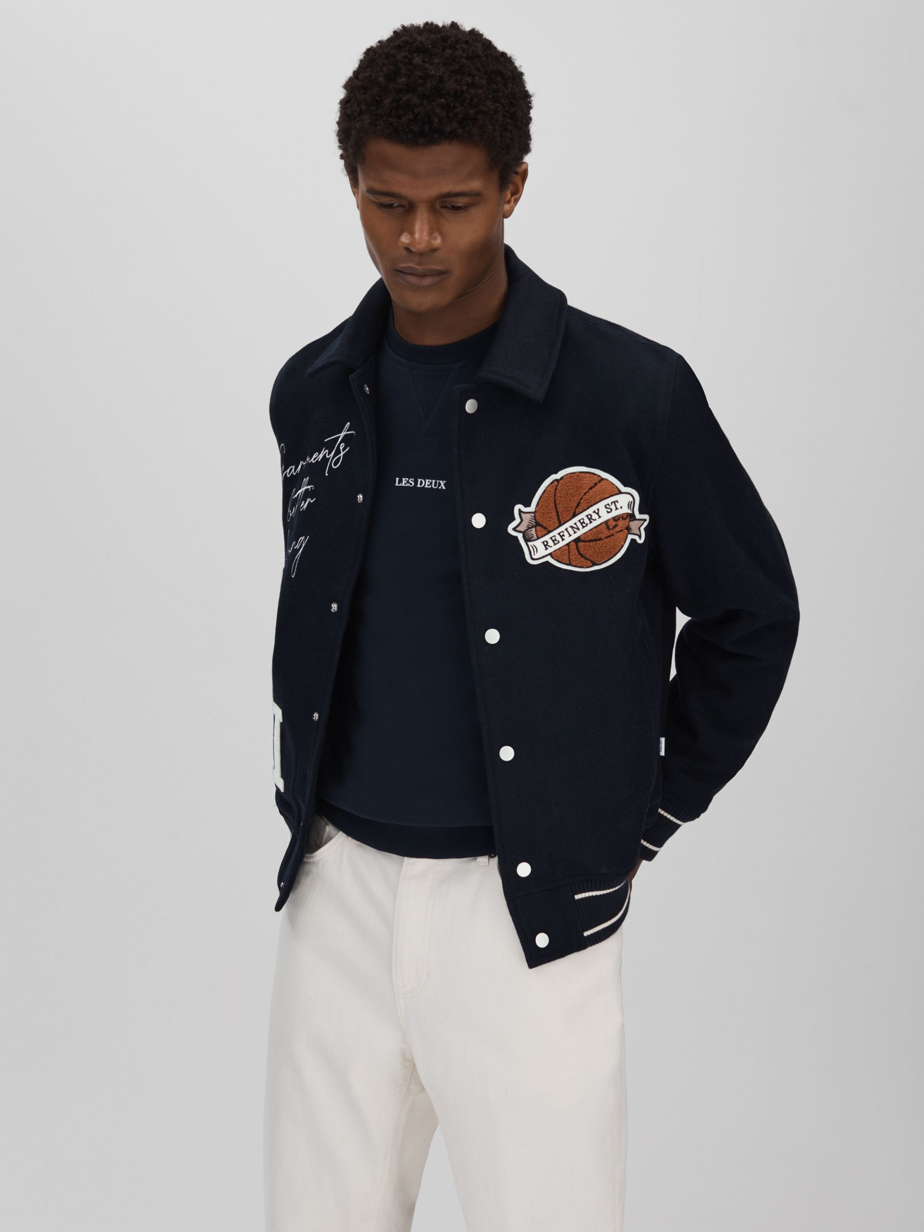 Les Deux Wool Blend Varsity Jacket in Dark Navy - Image 1 of 5
