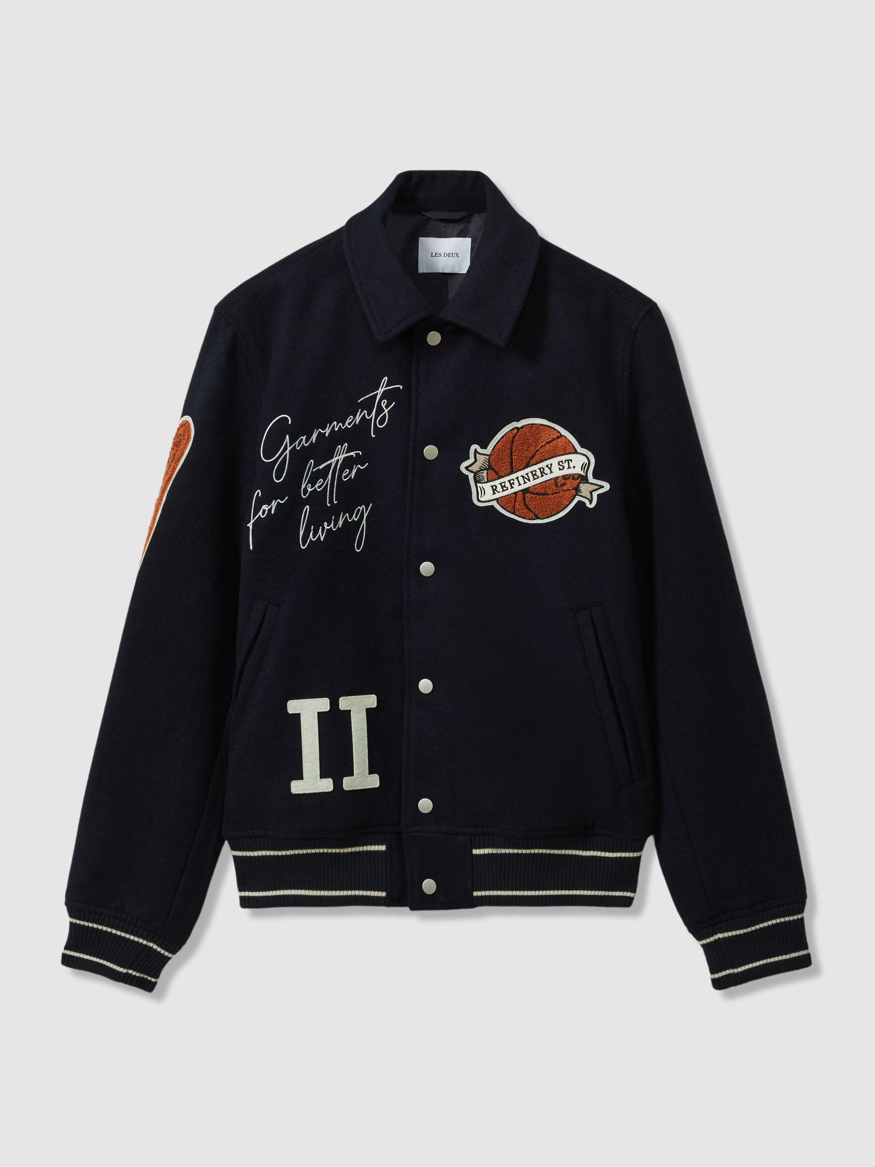 Les Deux Wool Blend Varsity Jacket in Dark Navy - Image 2 of 5 Les Deux Wool Blend Varsity Jacket in Dark Navy - Image 2 of 5