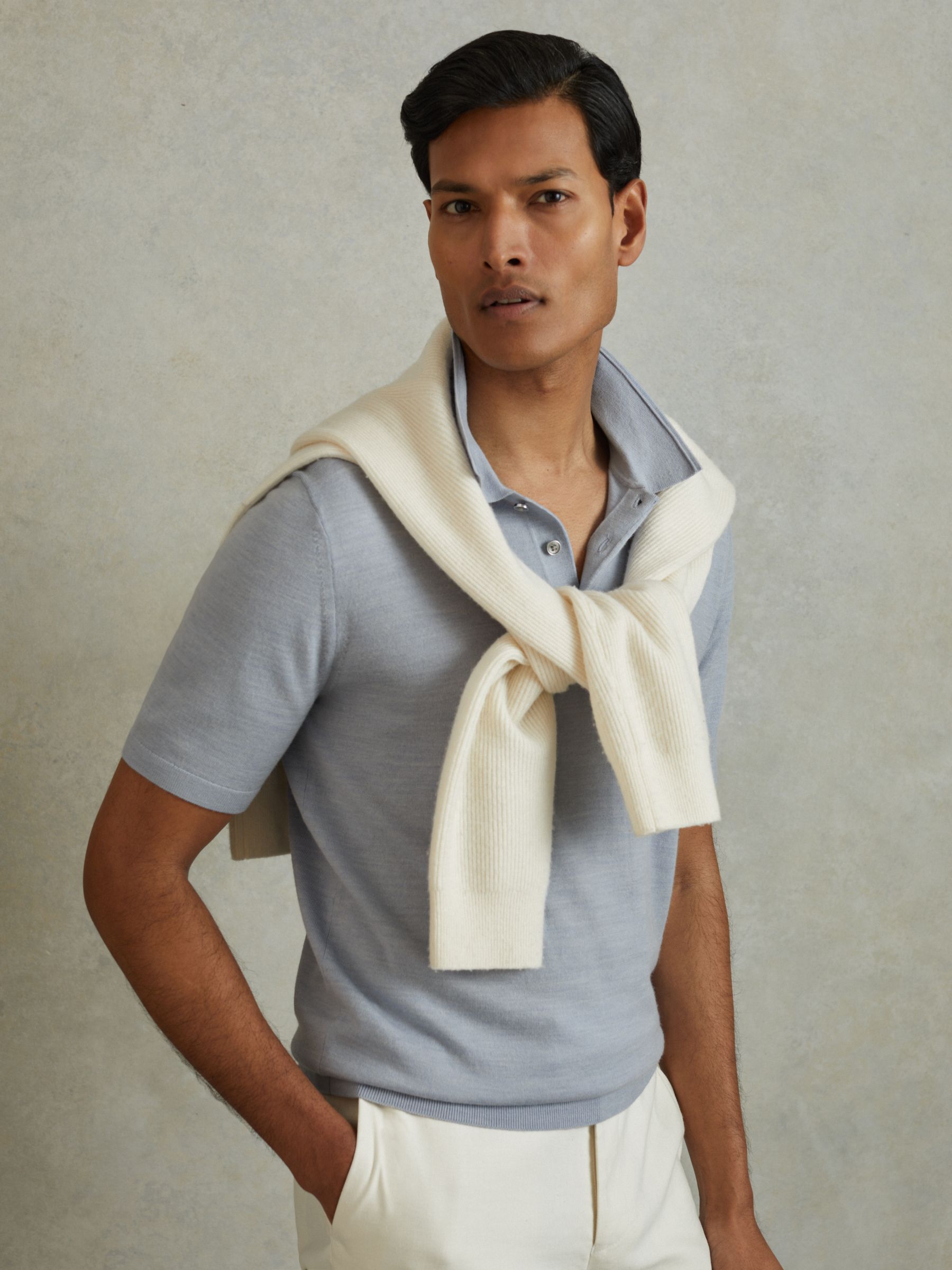 Merino Wool Polo Shirt in Soft Blue Melange - Image 1 of 5