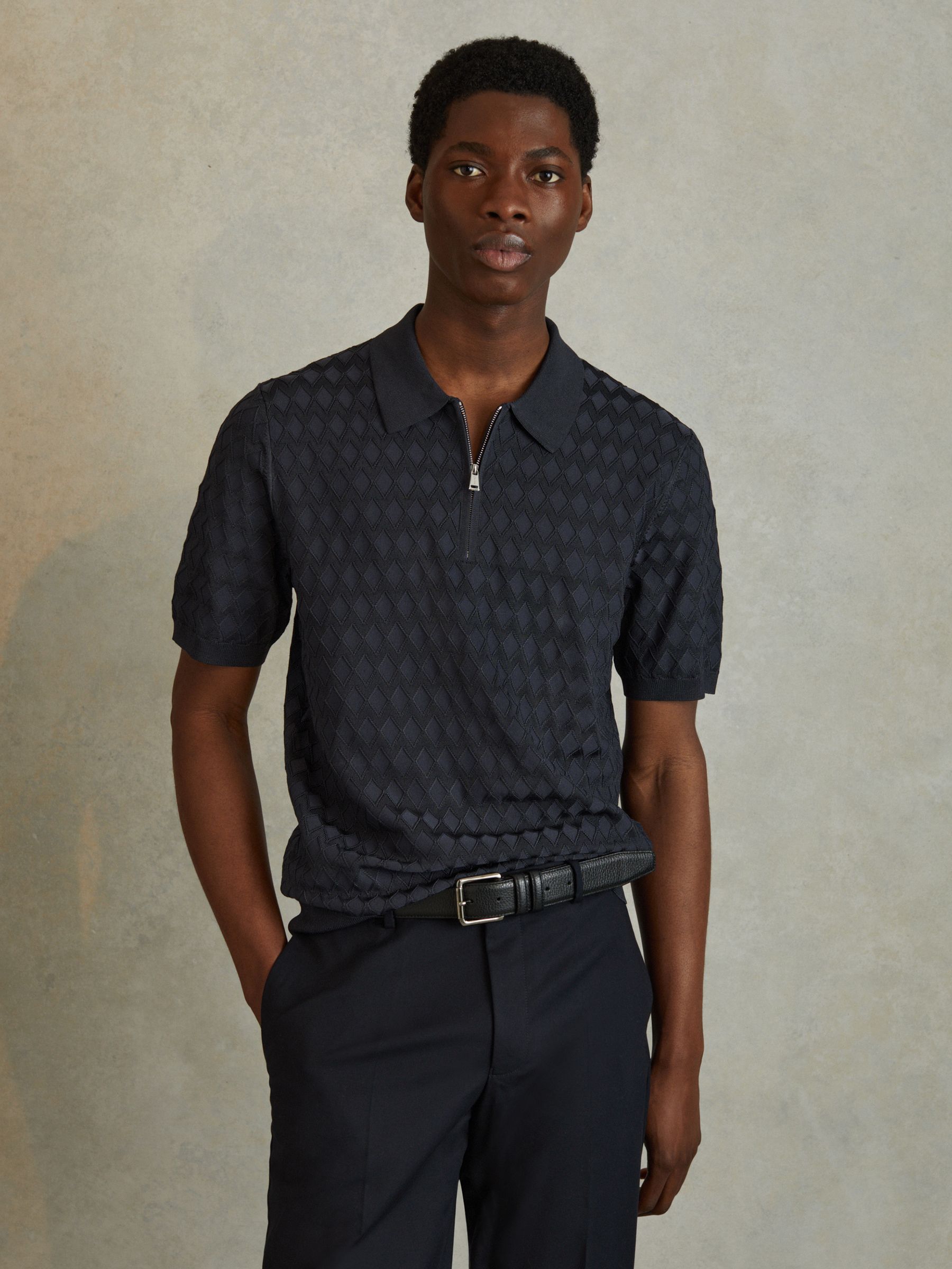 Half Zip Knitted Polo Shirt in Navy - Image 4 of 6