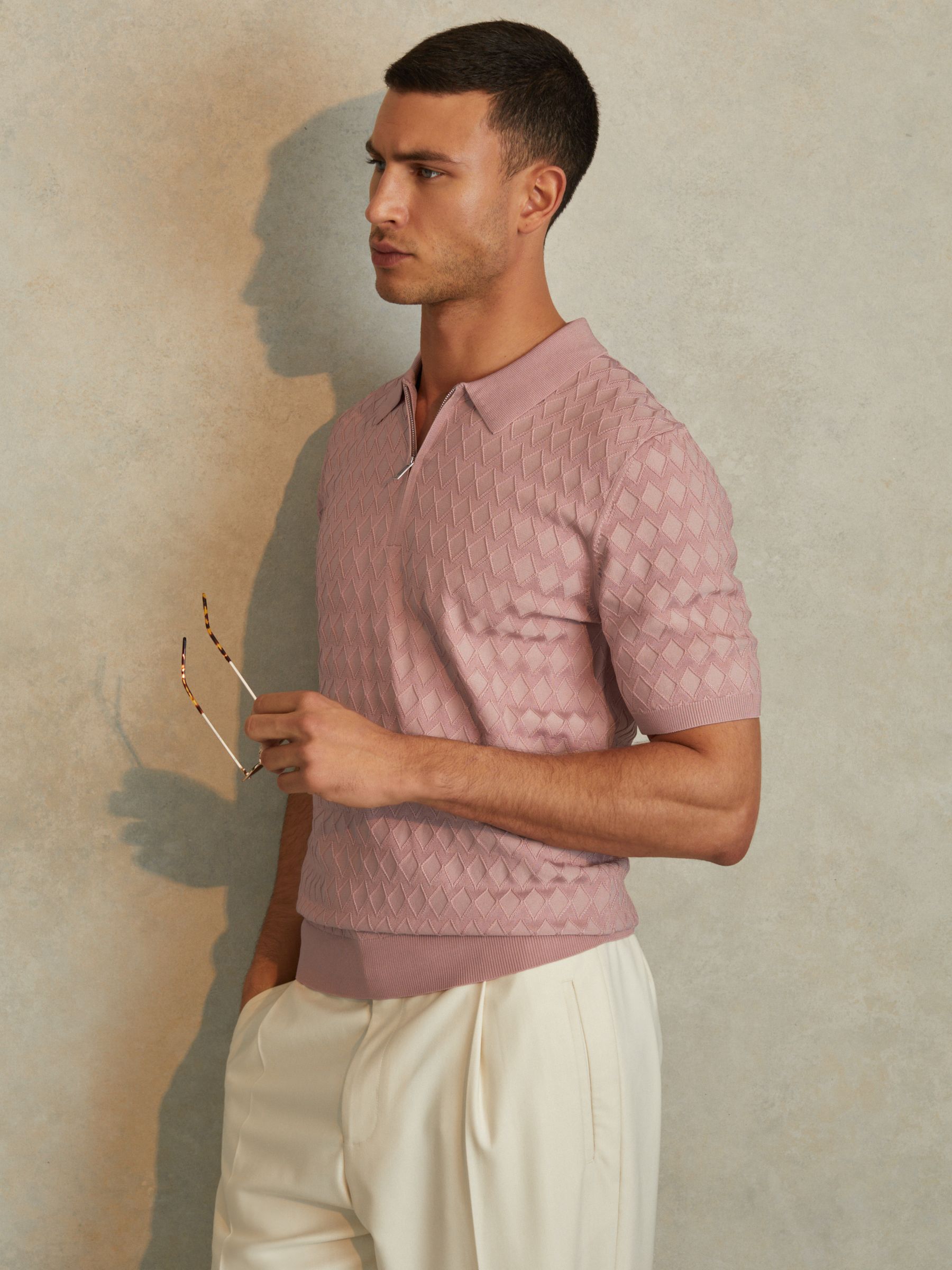 Half-Zip Knitted Polo Shirt in Soft Pink - Image 1 of 5