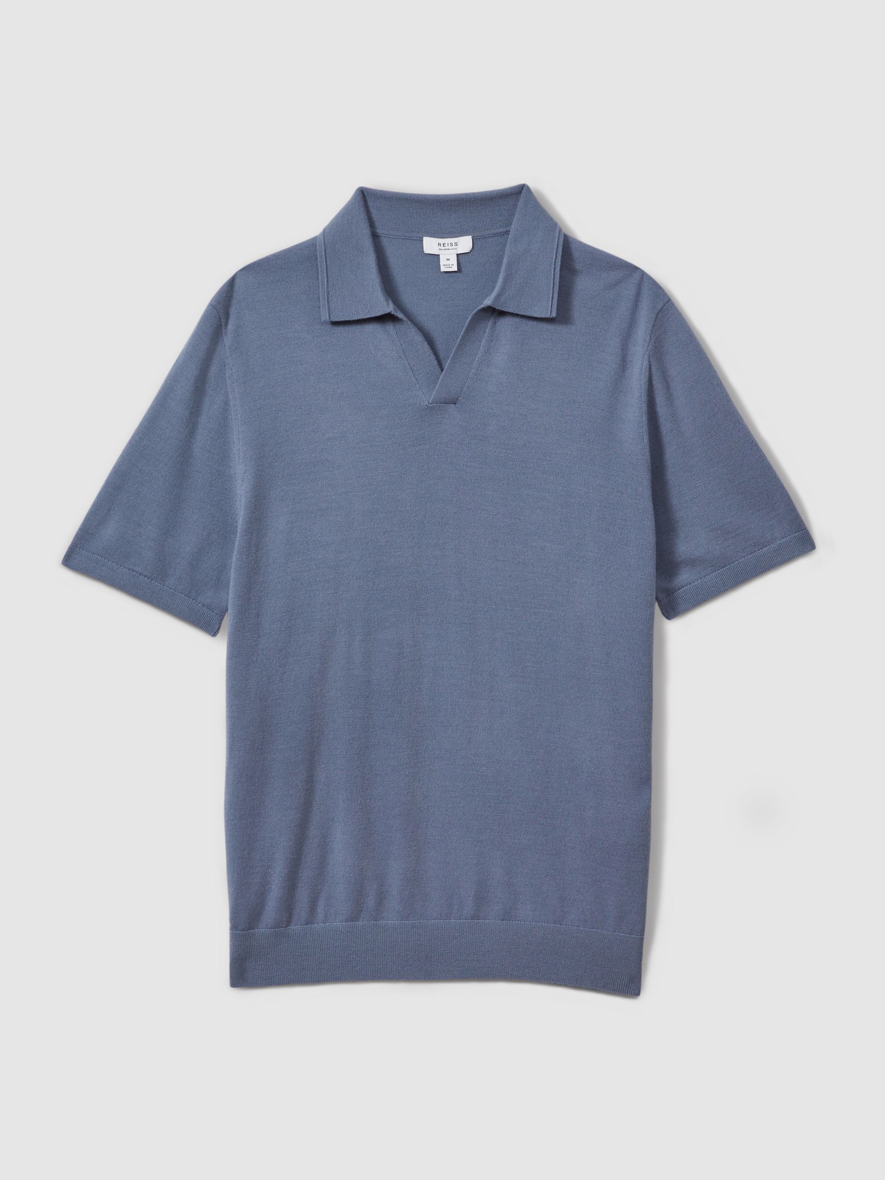 Merino Wool Open Collar Polo Shirt in Airforce Blue - Image 2 of 5