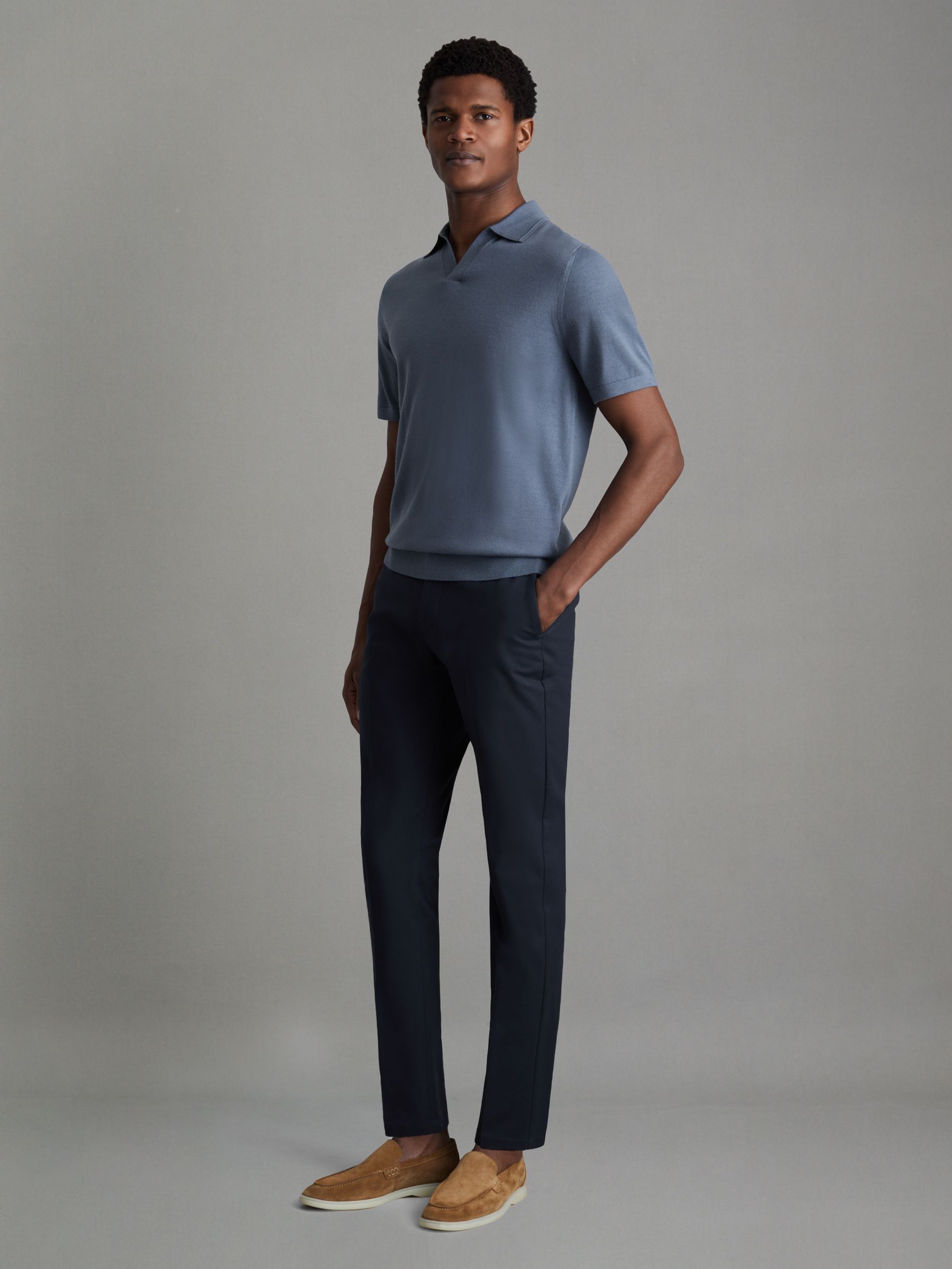Merino Wool Open Collar Polo Shirt in Airforce Blue - Image 3 of 5