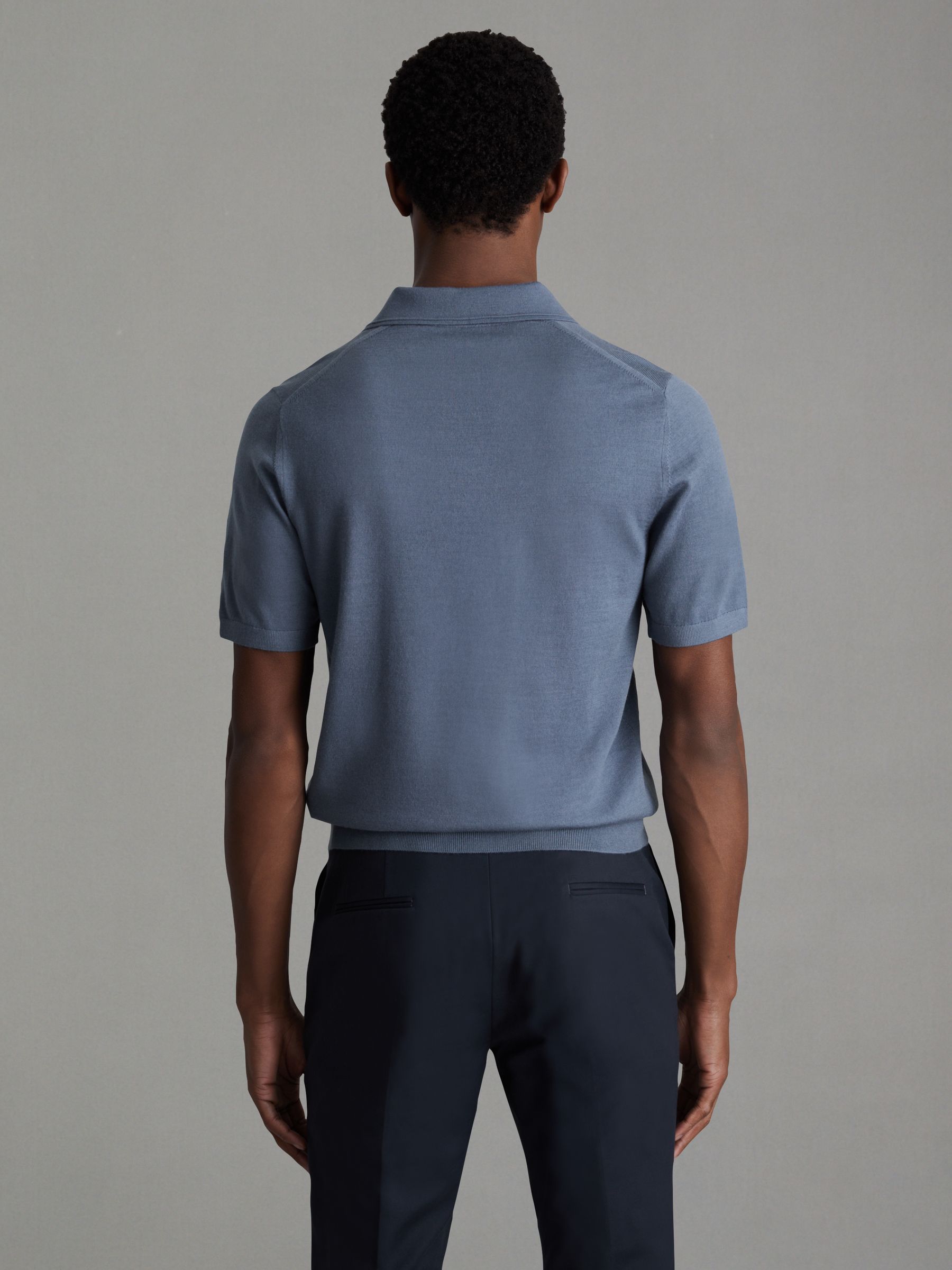Merino Wool Open Collar Polo Shirt in Airforce Blue - Image 4 of 5