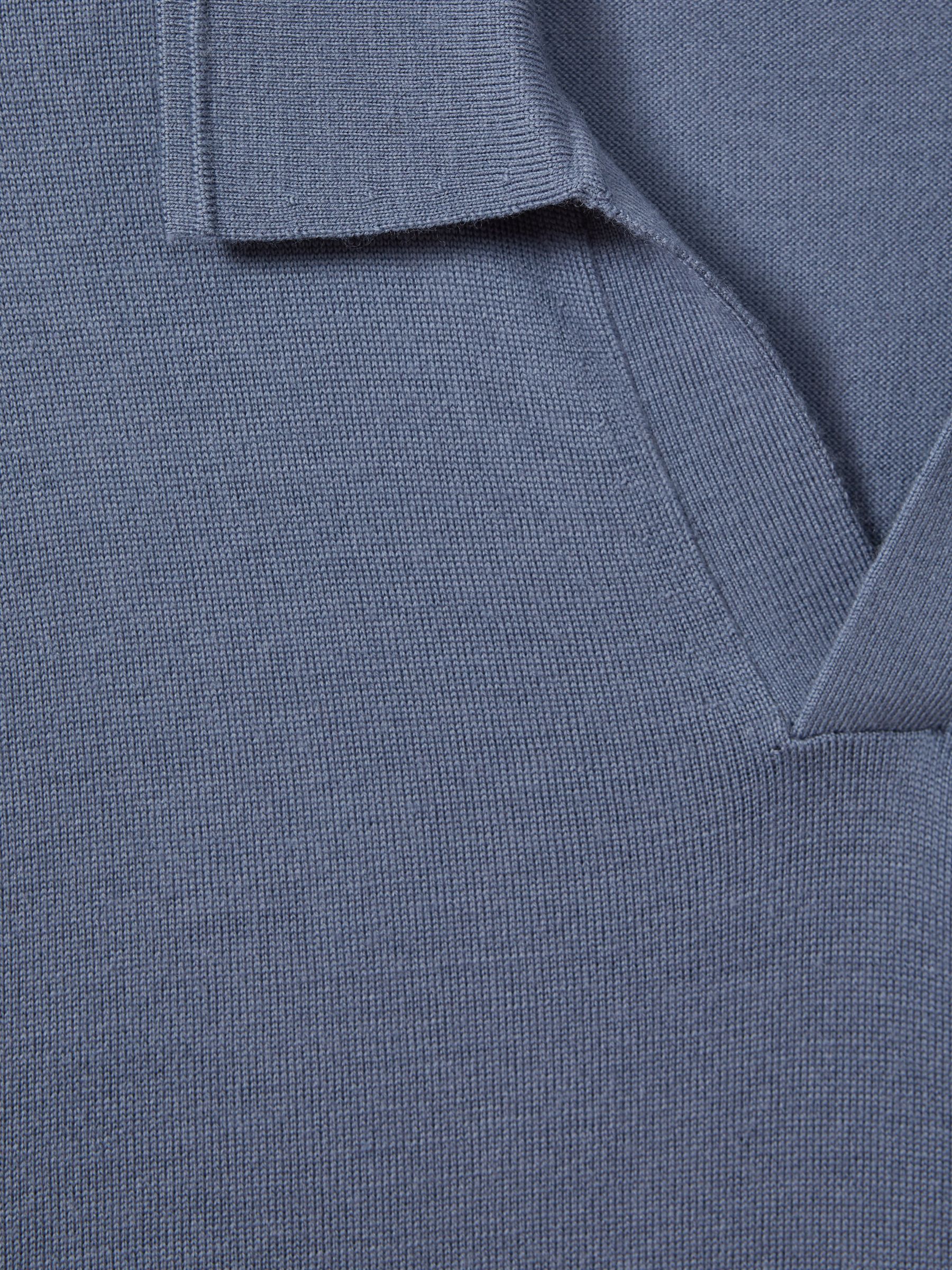 Merino Wool Open Collar Polo Shirt in Airforce Blue - Image 5 of 5