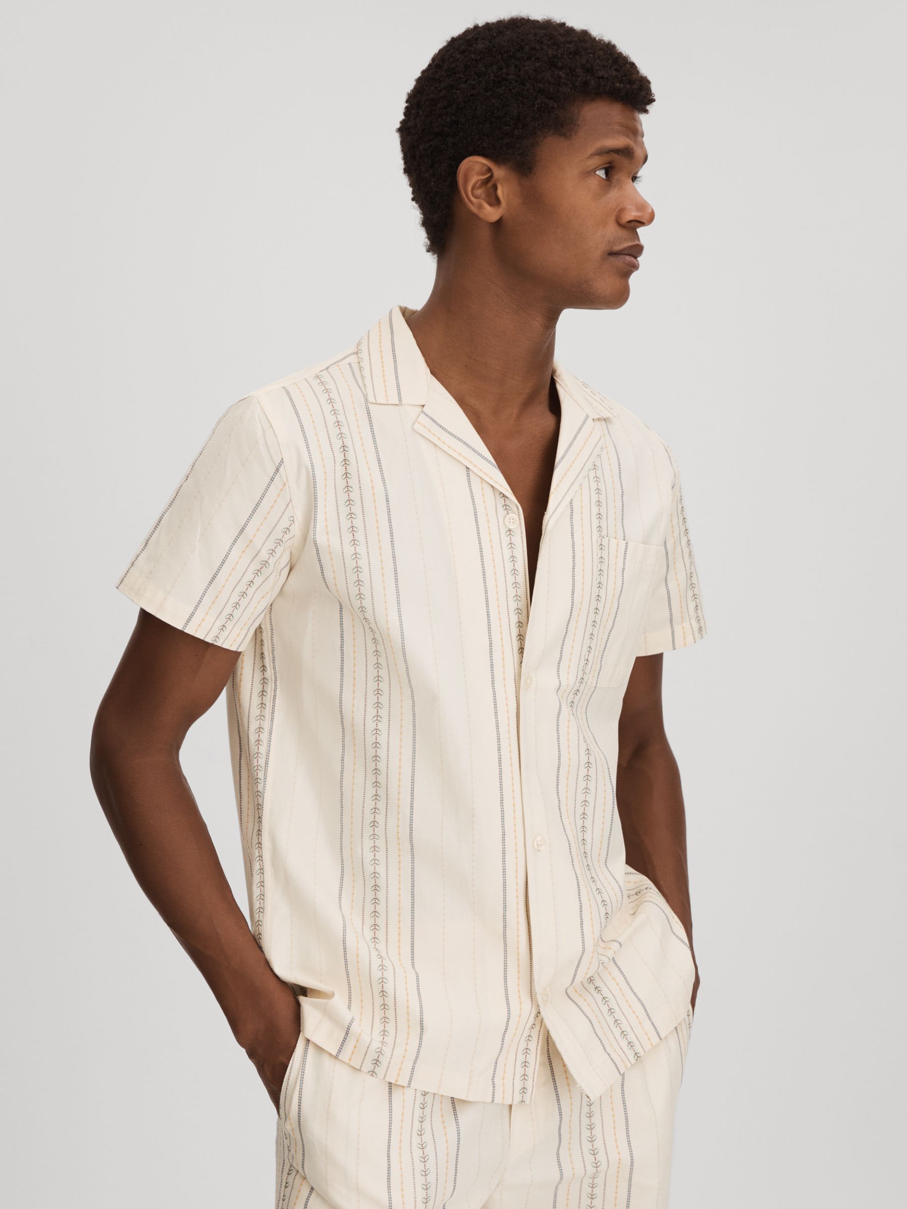 Les Deux Cotton Embroidered Cuban Collar Shirt in Ivory - Image 1 of 6