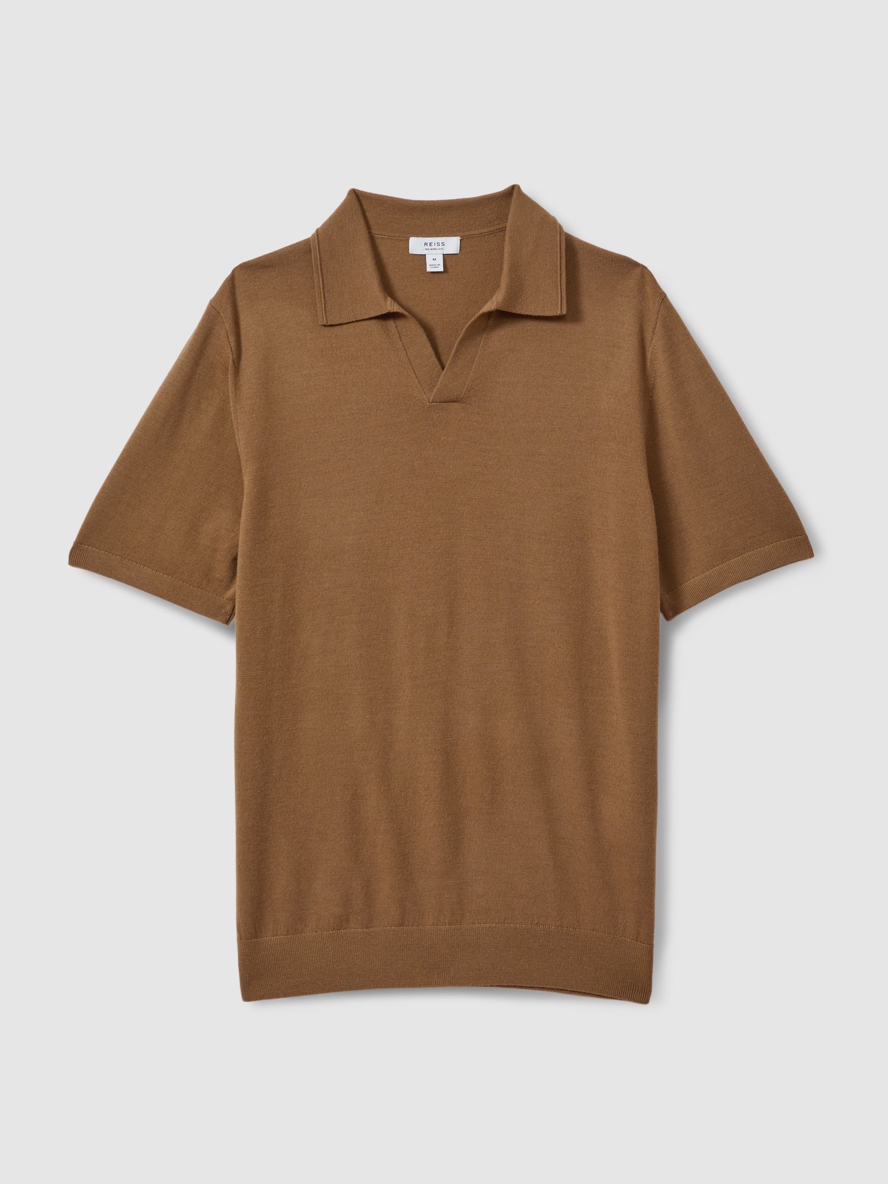 Merino Wool Open Collar Polo Shirt in Tobacco Brown - Image 2 of 6
