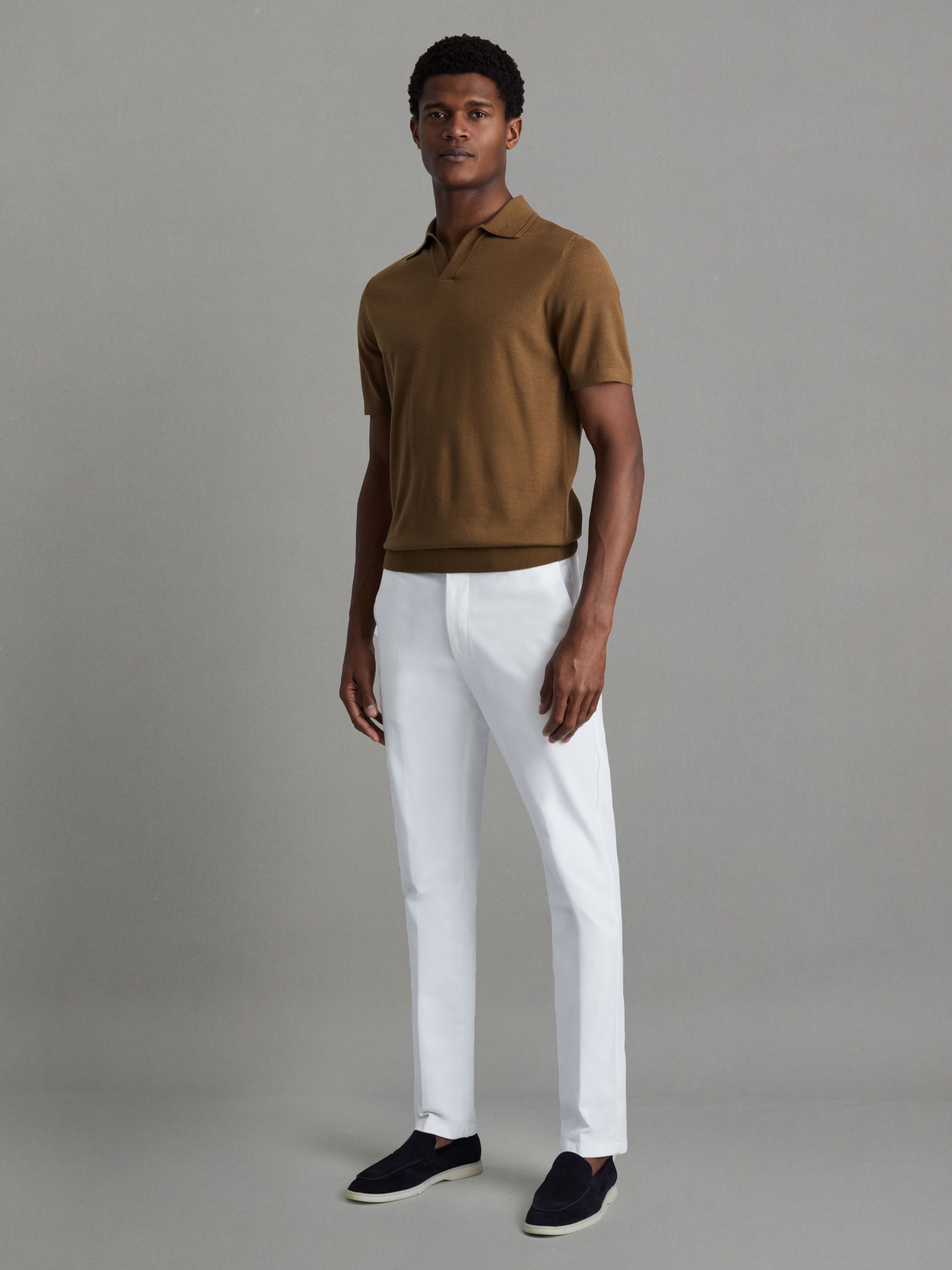 Merino Wool Open Collar Polo Shirt in Tobacco Brown - Image 3 of 6