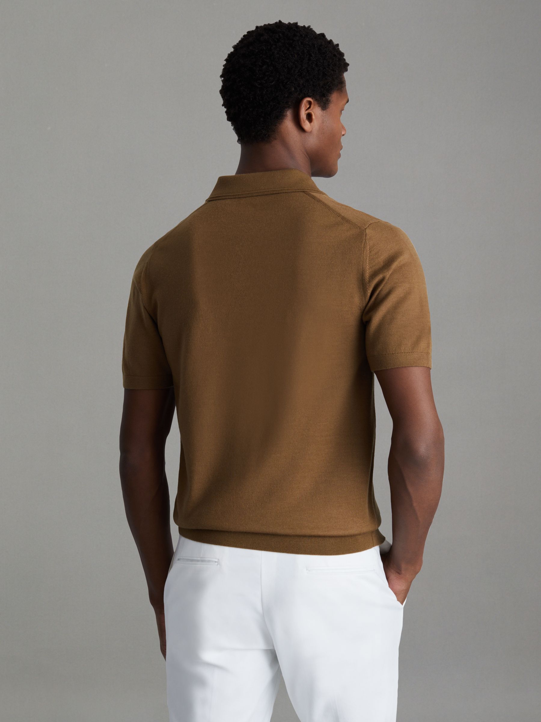 Merino Wool Open Collar Polo Shirt in Tobacco Brown - Image 4 of 6