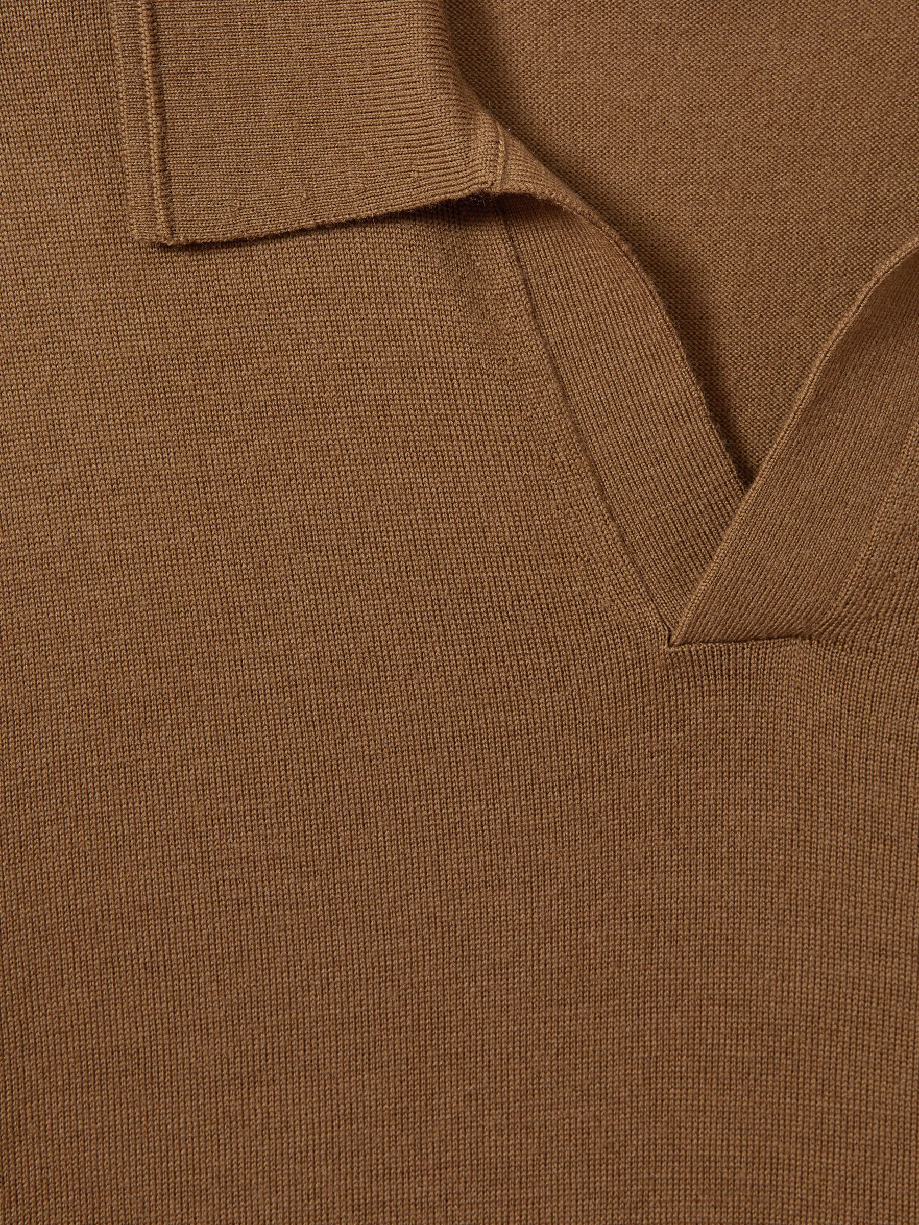Merino Wool Open Collar Polo Shirt in Tobacco Brown - Image 6 of 6