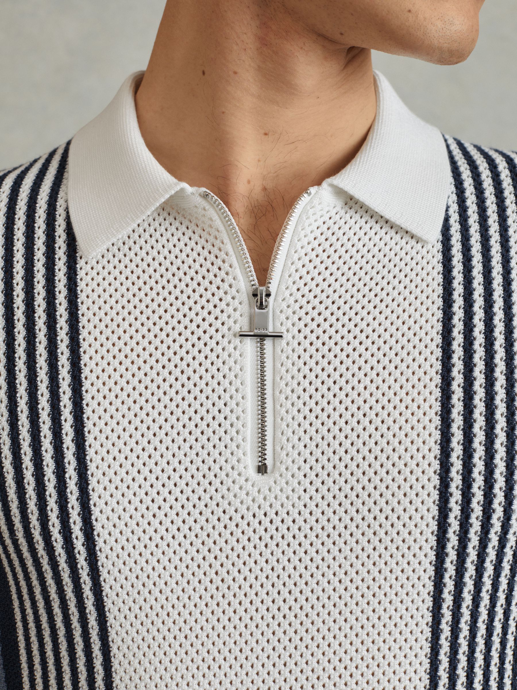 Open-Stitch Half-Zip Polo Shirt in Blue/White - Image 1 of 4