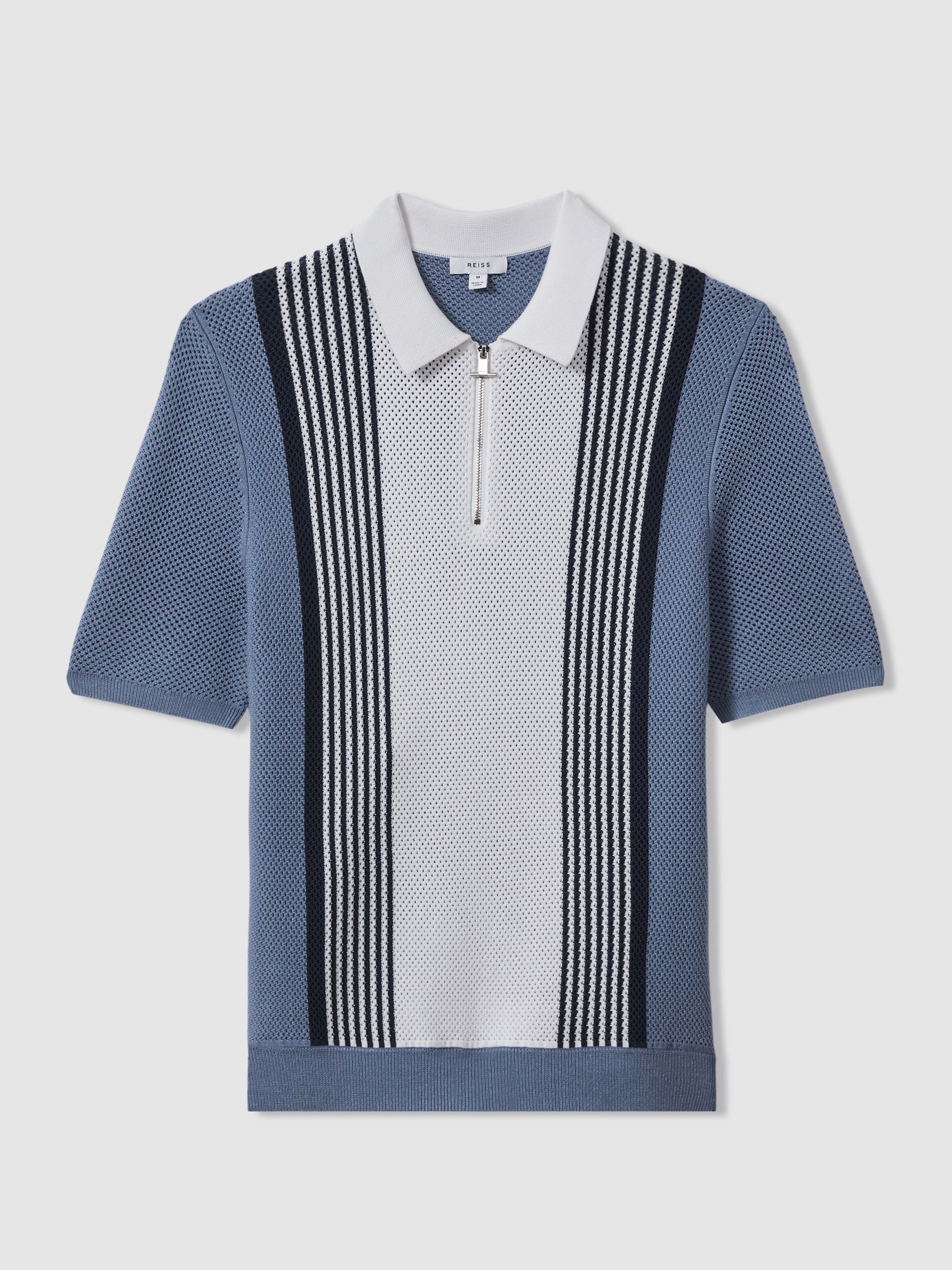 Open-Stitch Half-Zip Polo Shirt in Blue/White - Image 2 of 4