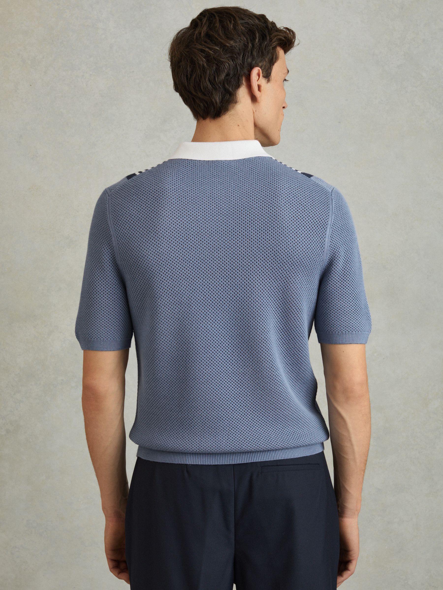 Open-Stitch Half-Zip Polo Shirt in Blue/White - Image 3 of 4