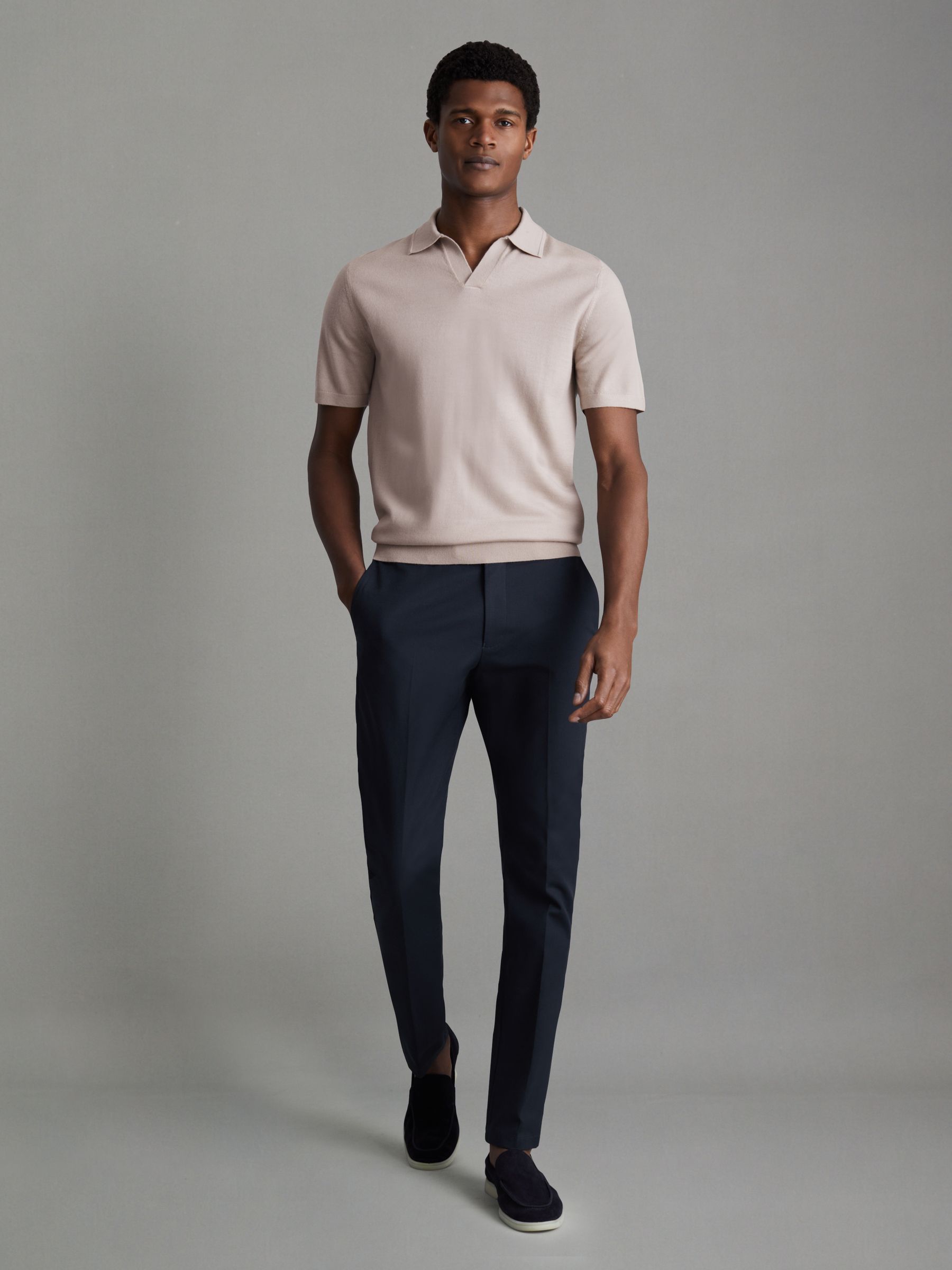 Merino Wool Open Collar Polo Shirt in Washed Stone - Image 3 of 5