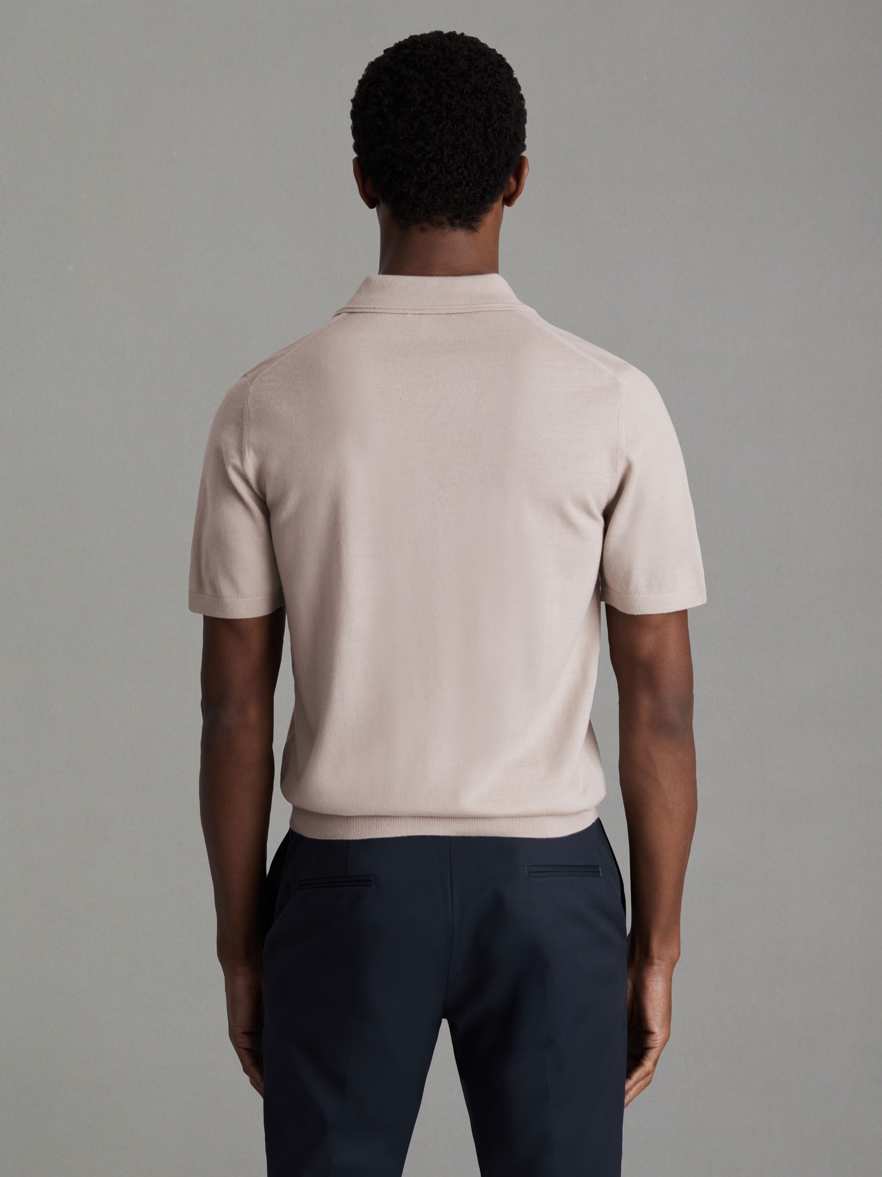 Merino Wool Open Collar Polo Shirt in Washed Stone - Image 4 of 5