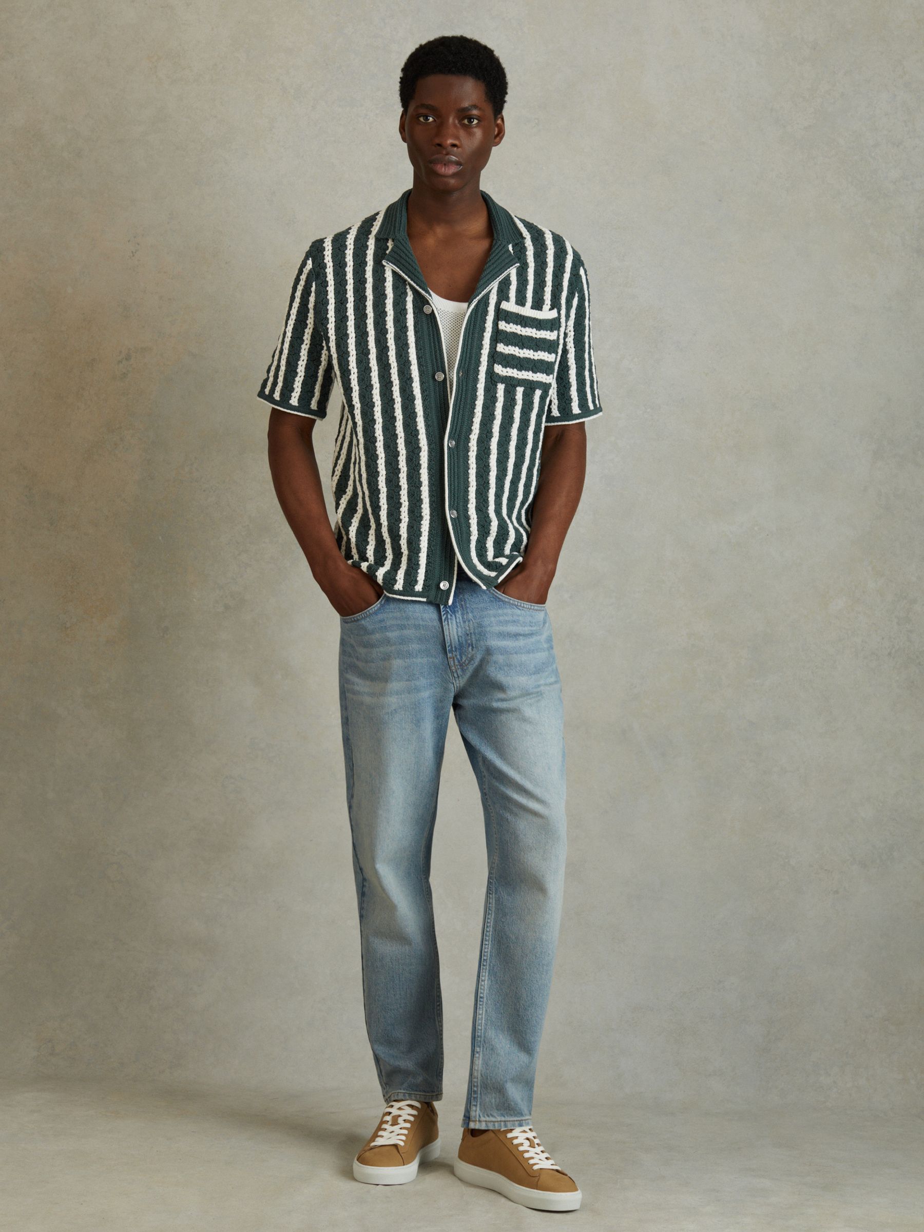 Oversized Crochet Striped Cuban Collar Shirt in Green/White - Image 3 of 5