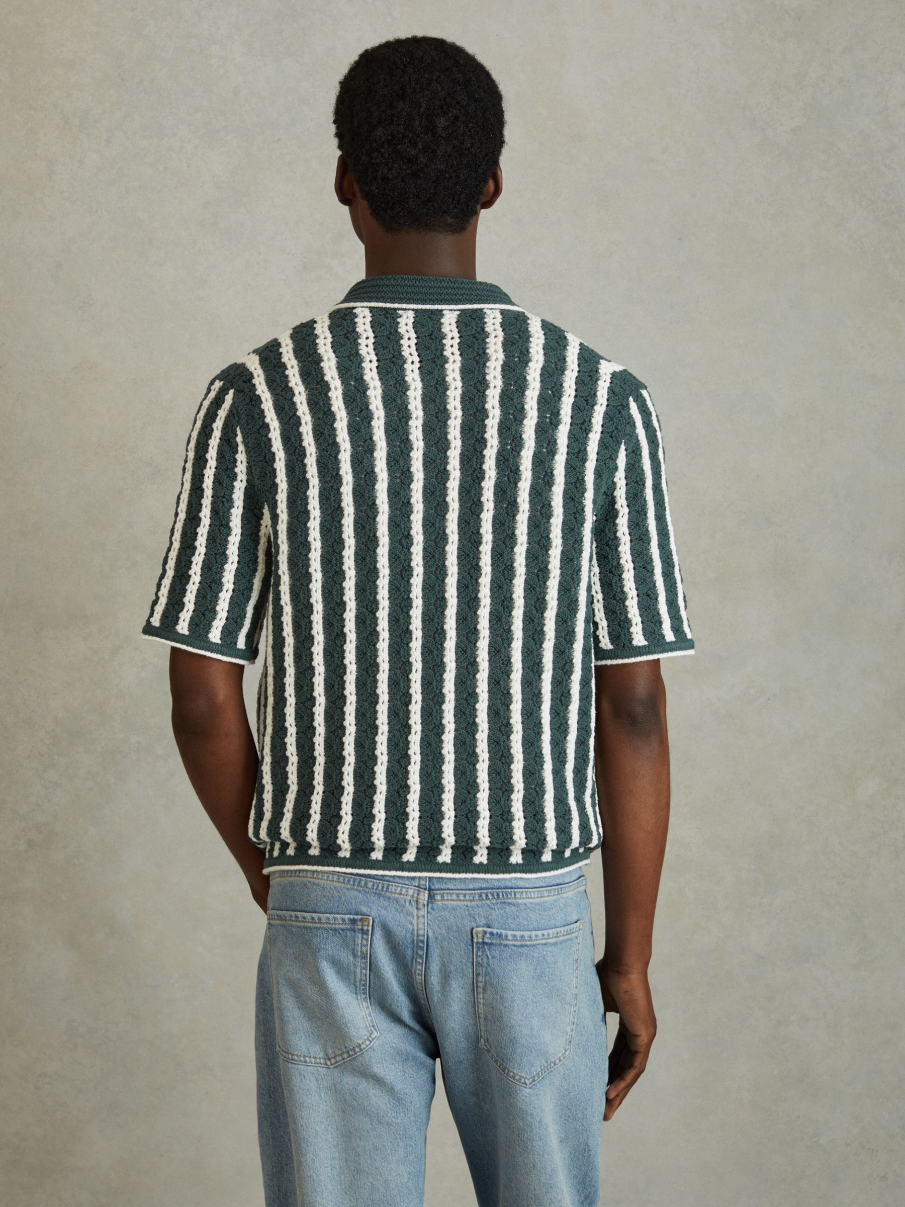 Oversized Crochet Striped Cuban Collar Shirt in Green/White - Image 4 of 5