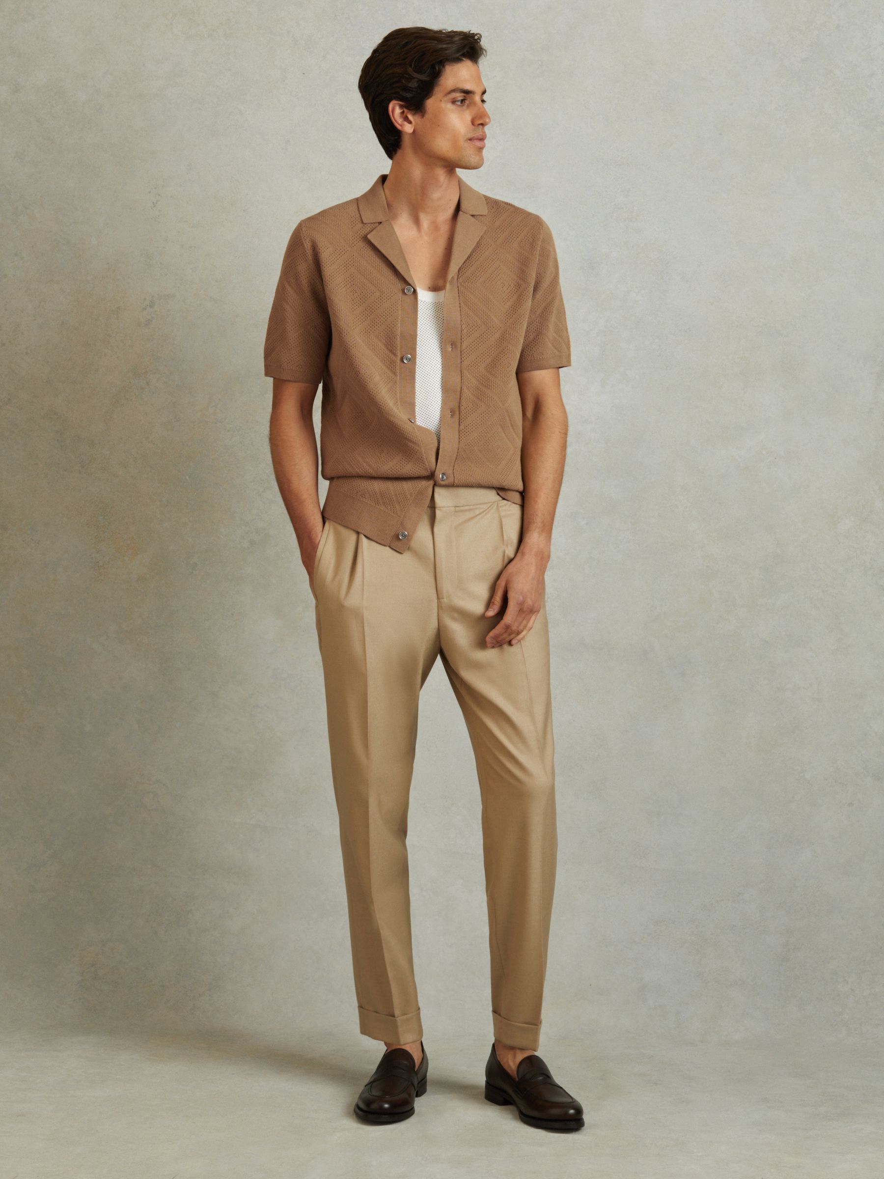 Cotton Cuban Collar Shirt in Camel - Image 3 of 6