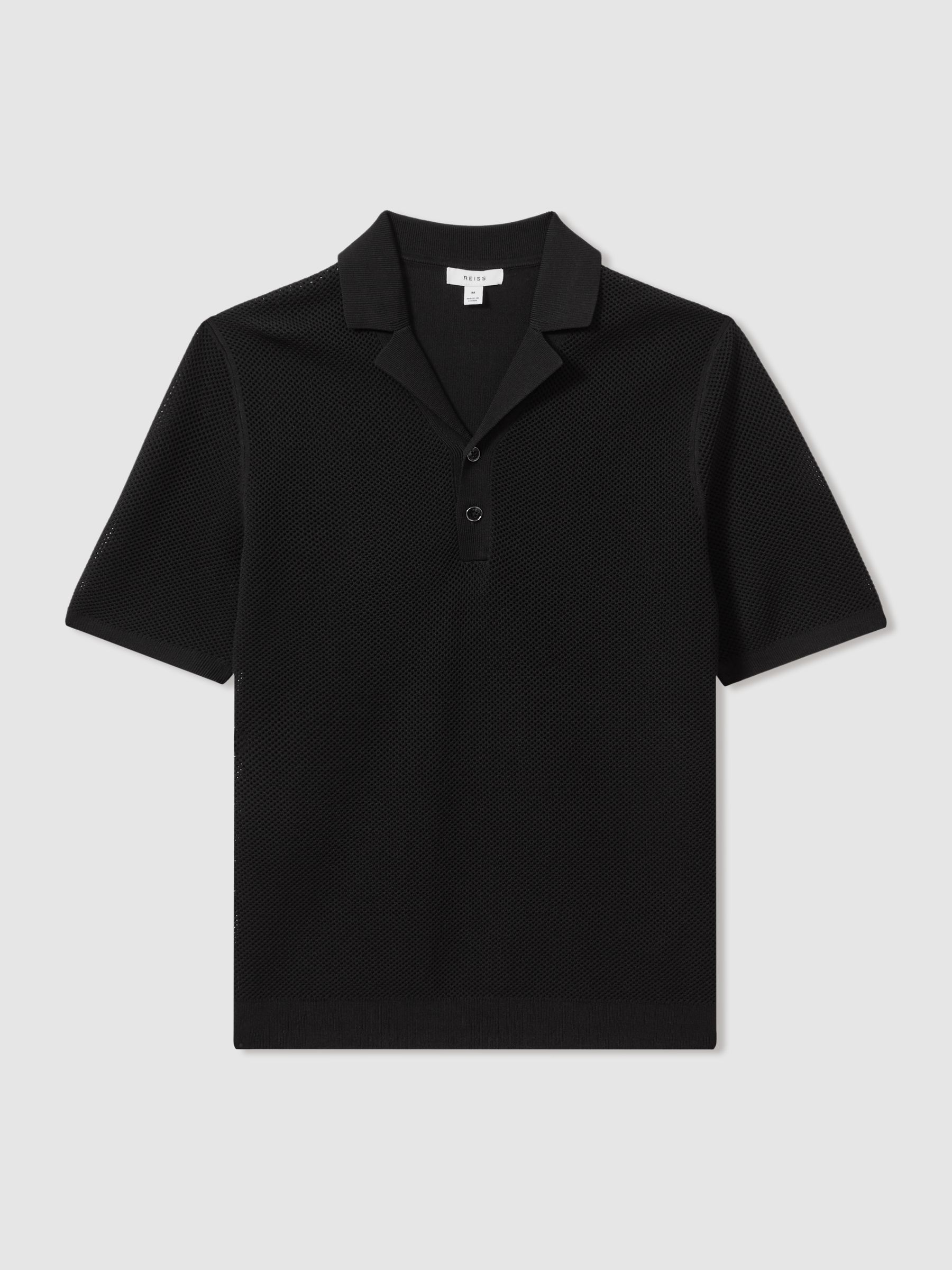 Open-Stitch Cuban-Collar Polo Shirt in Black - Image 2 of 5
