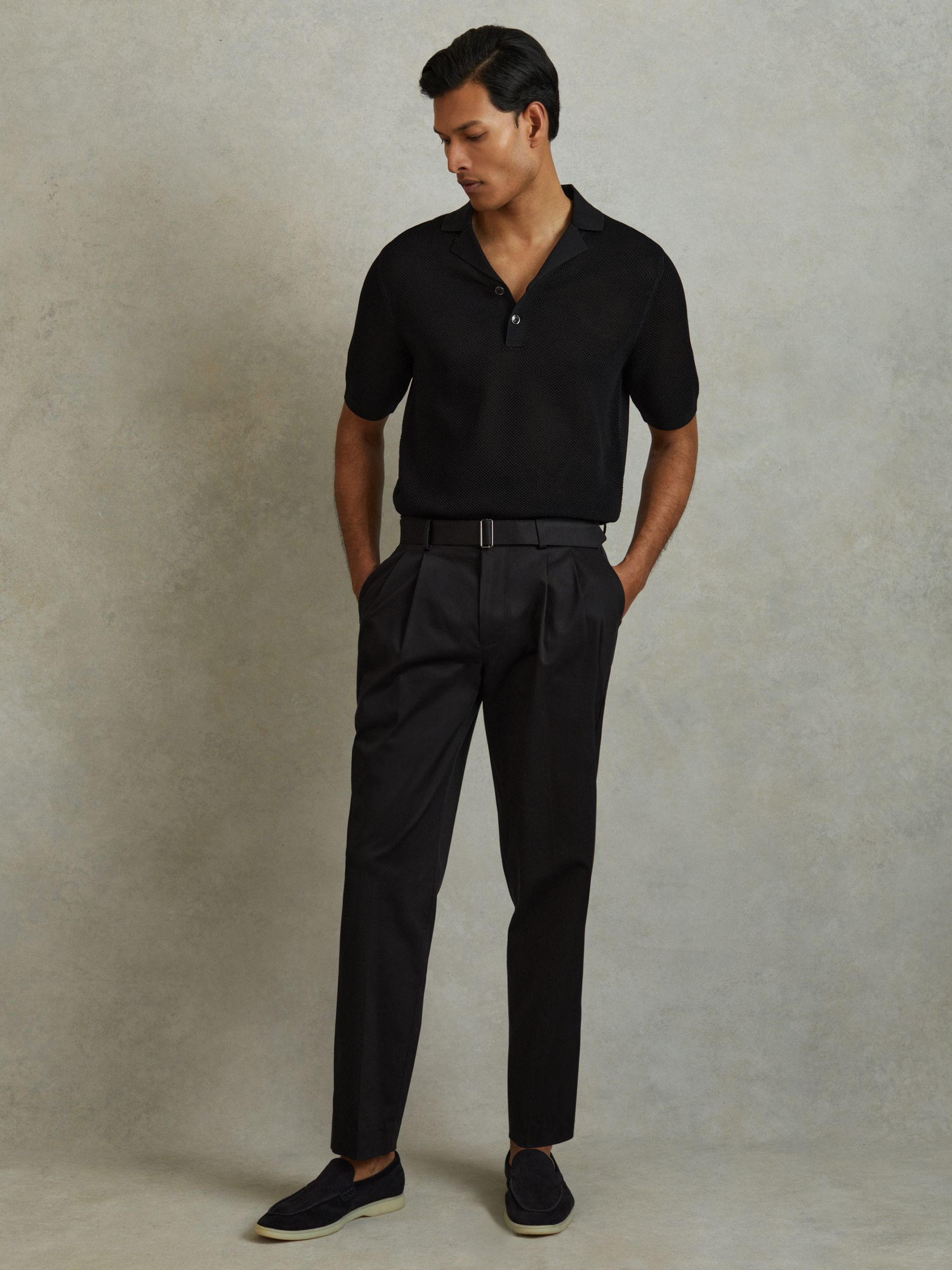 Open-Stitch Cuban-Collar Polo Shirt in Black - Image 3 of 5