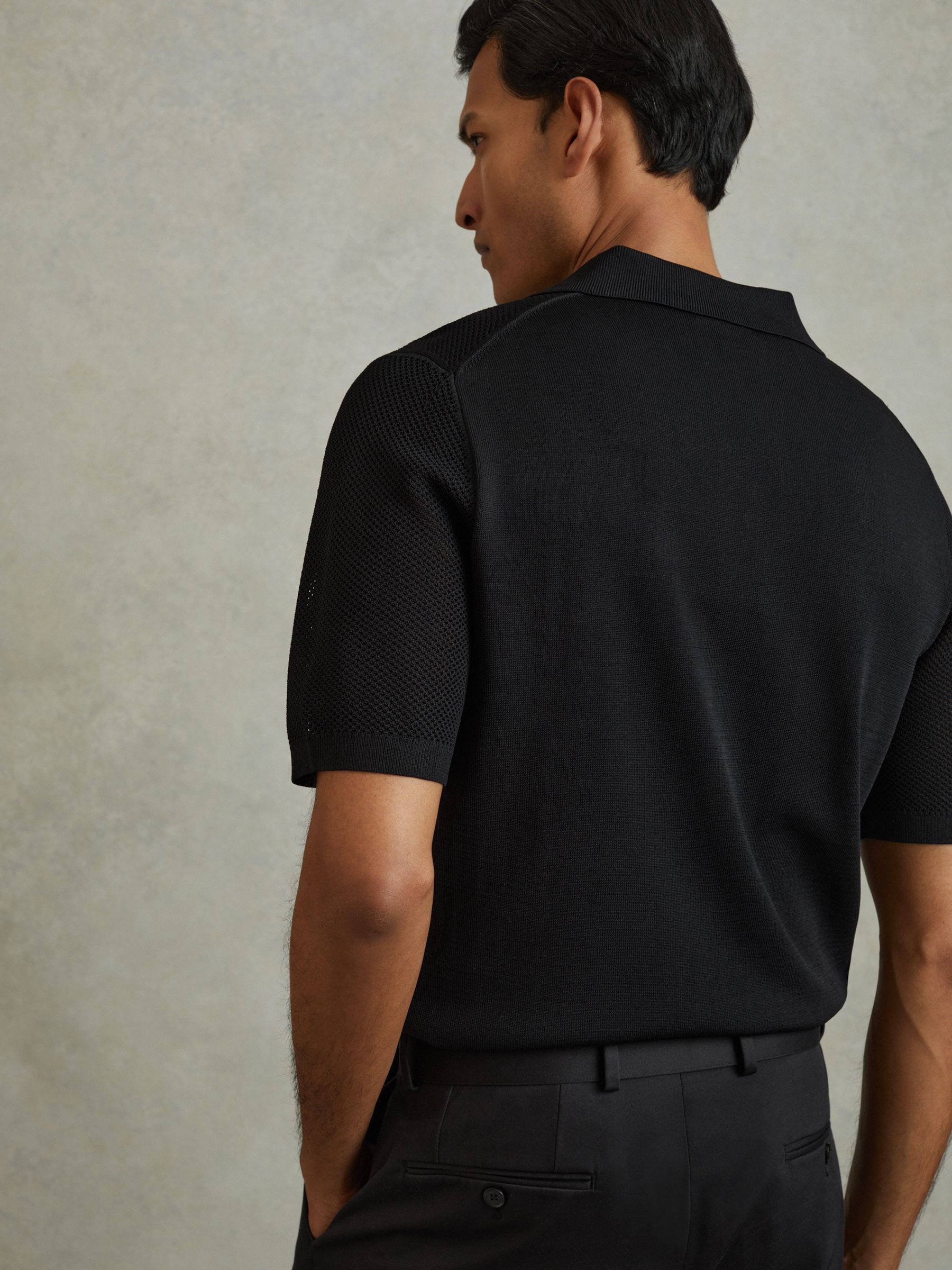 Open-Stitch Cuban-Collar Polo Shirt in Black - Image 4 of 5