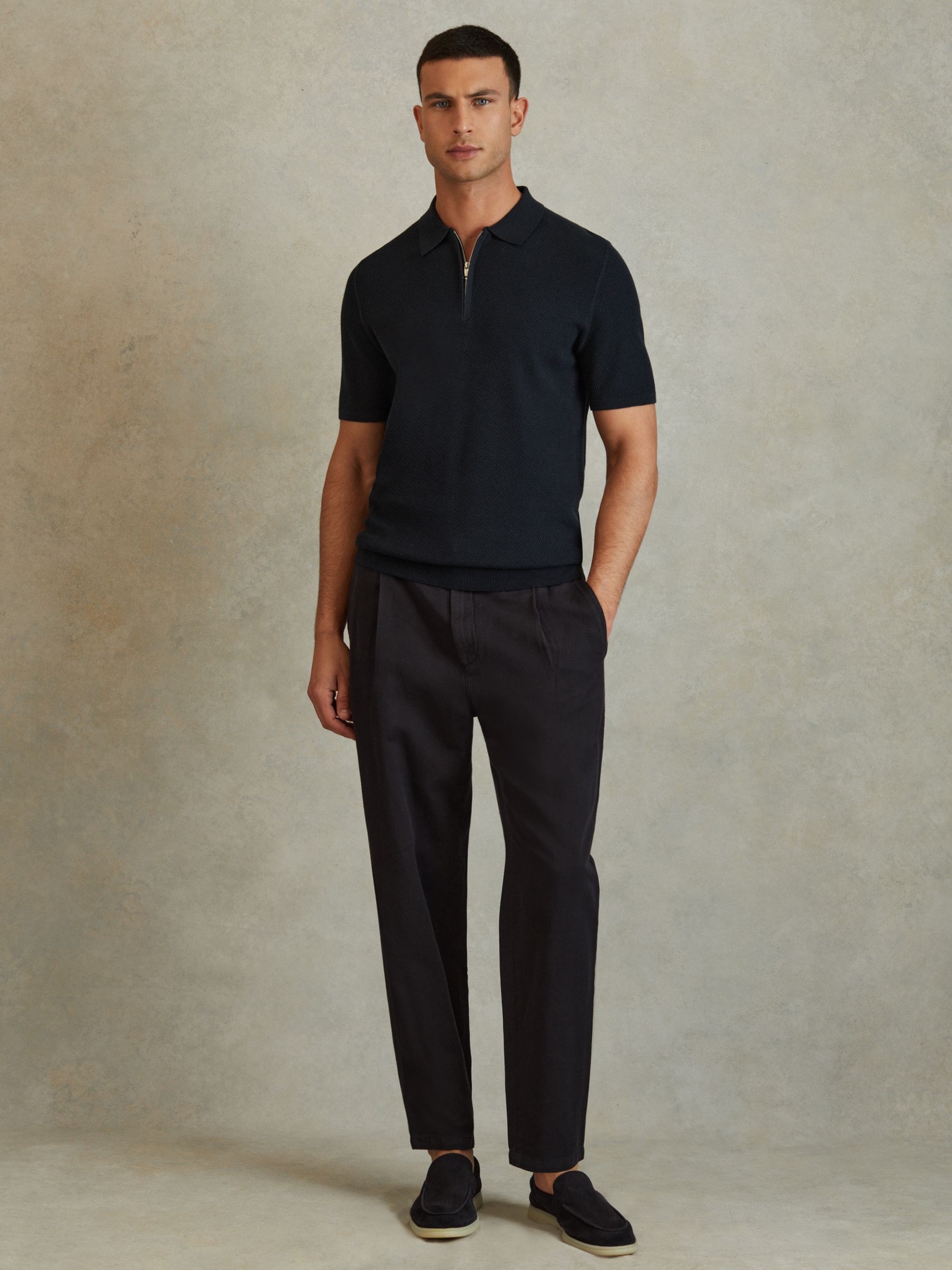 Textured Half-Zip Polo Shirt in Navy - Image 3 of 5