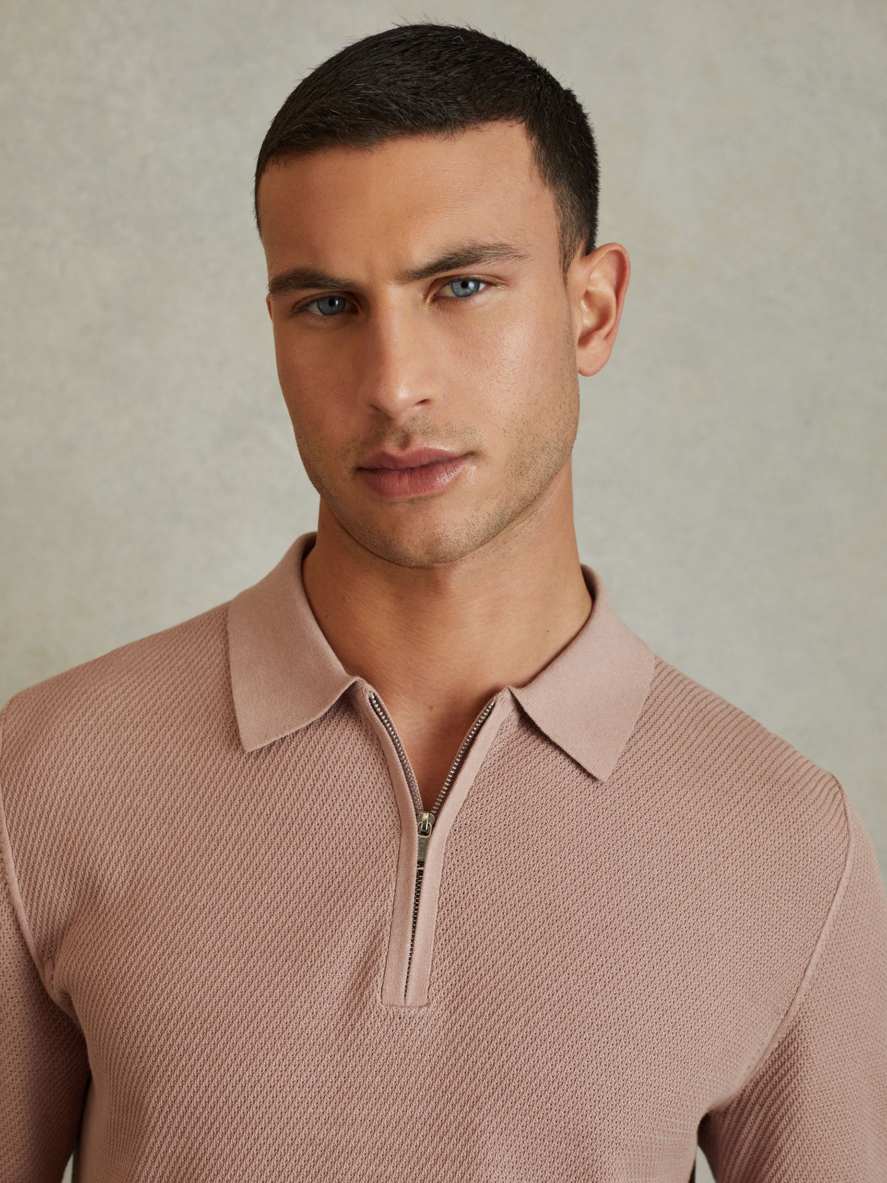 Textured Half-Zip Polo Shirt in Soft Pink - Image 1 of 6