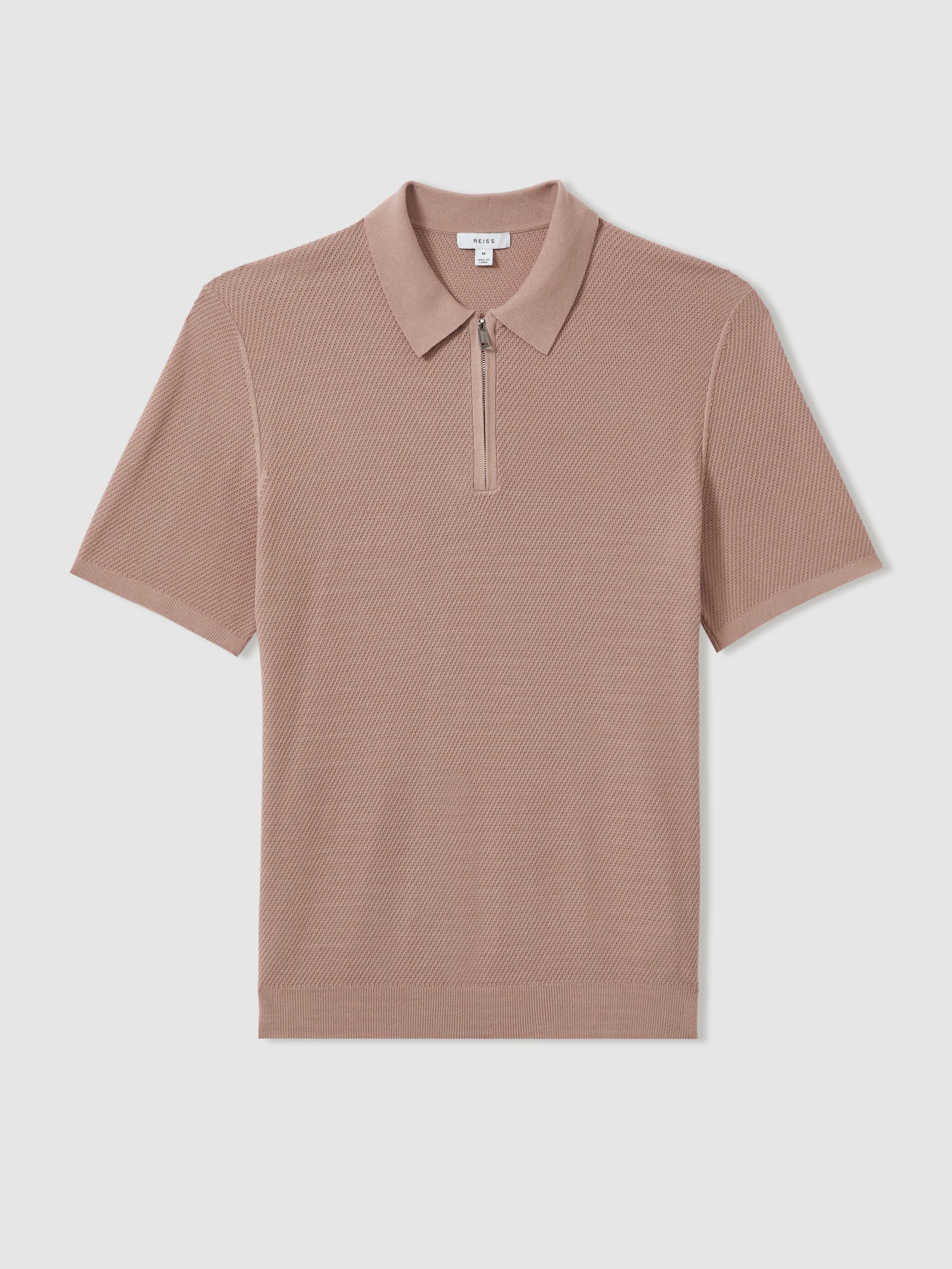 Textured Half-Zip Polo Shirt in Soft Pink - Image 2 of 6 Textured Half-Zip Polo Shirt in Soft Pink - Image 2 of 6