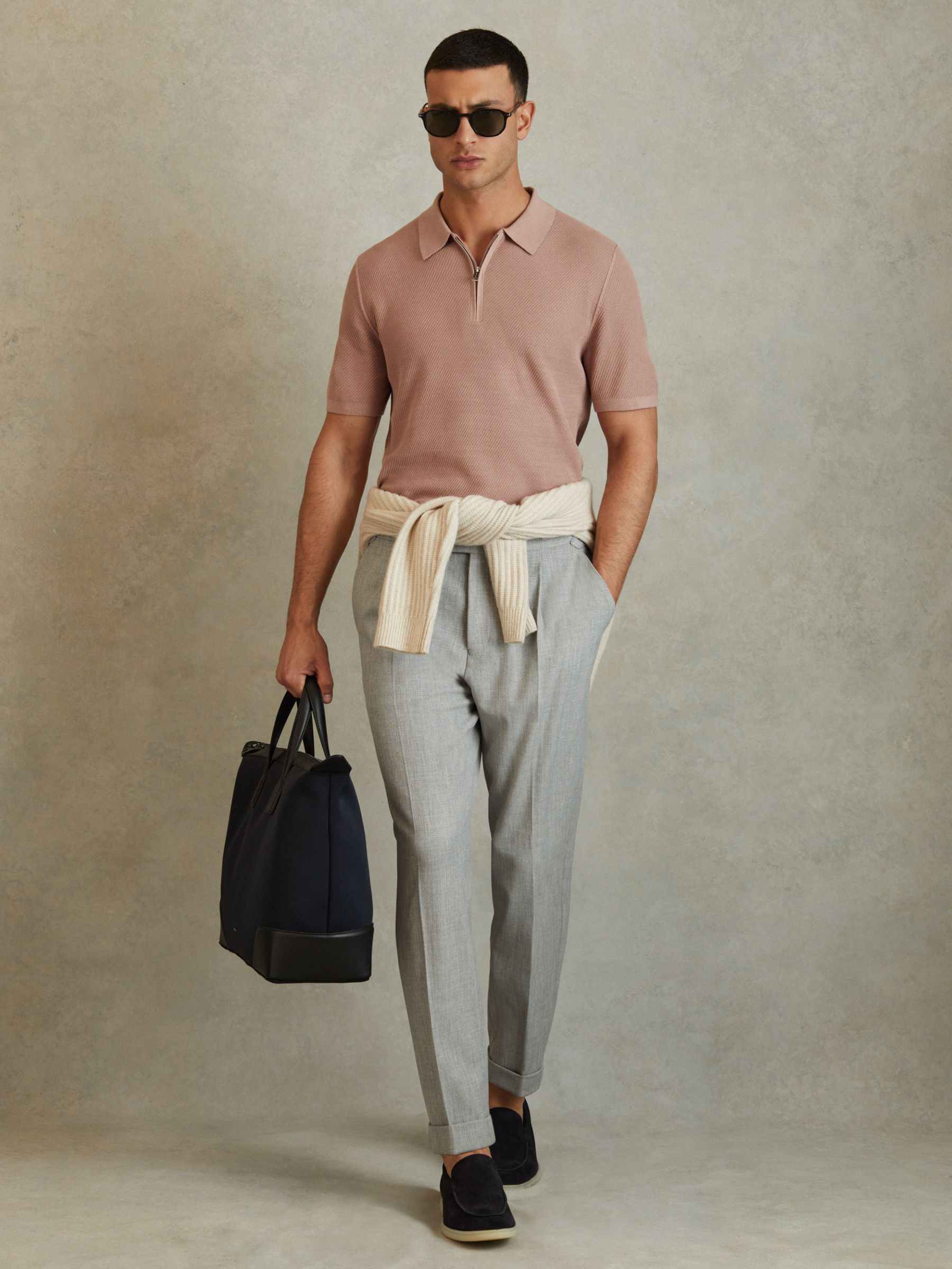 Textured Half-Zip Polo Shirt in Soft Pink - Image 3 of 6