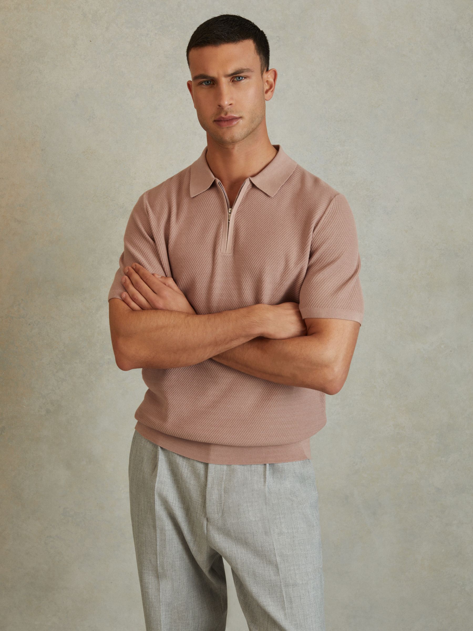 Textured Half-Zip Polo Shirt in Soft Pink - Image 4 of 6