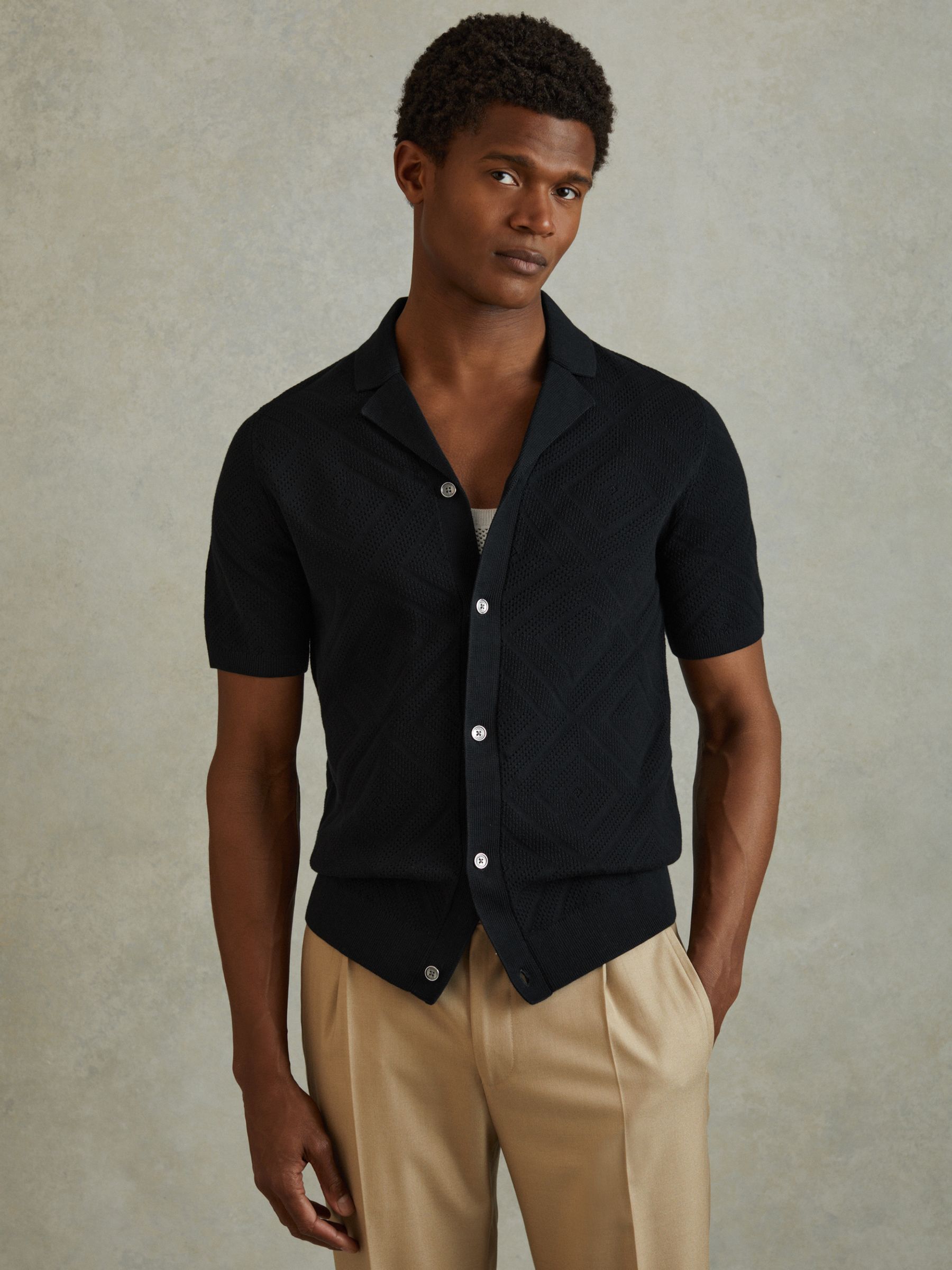 Cotton Cuban Collar Shirt in Navy - Image 1 of 6