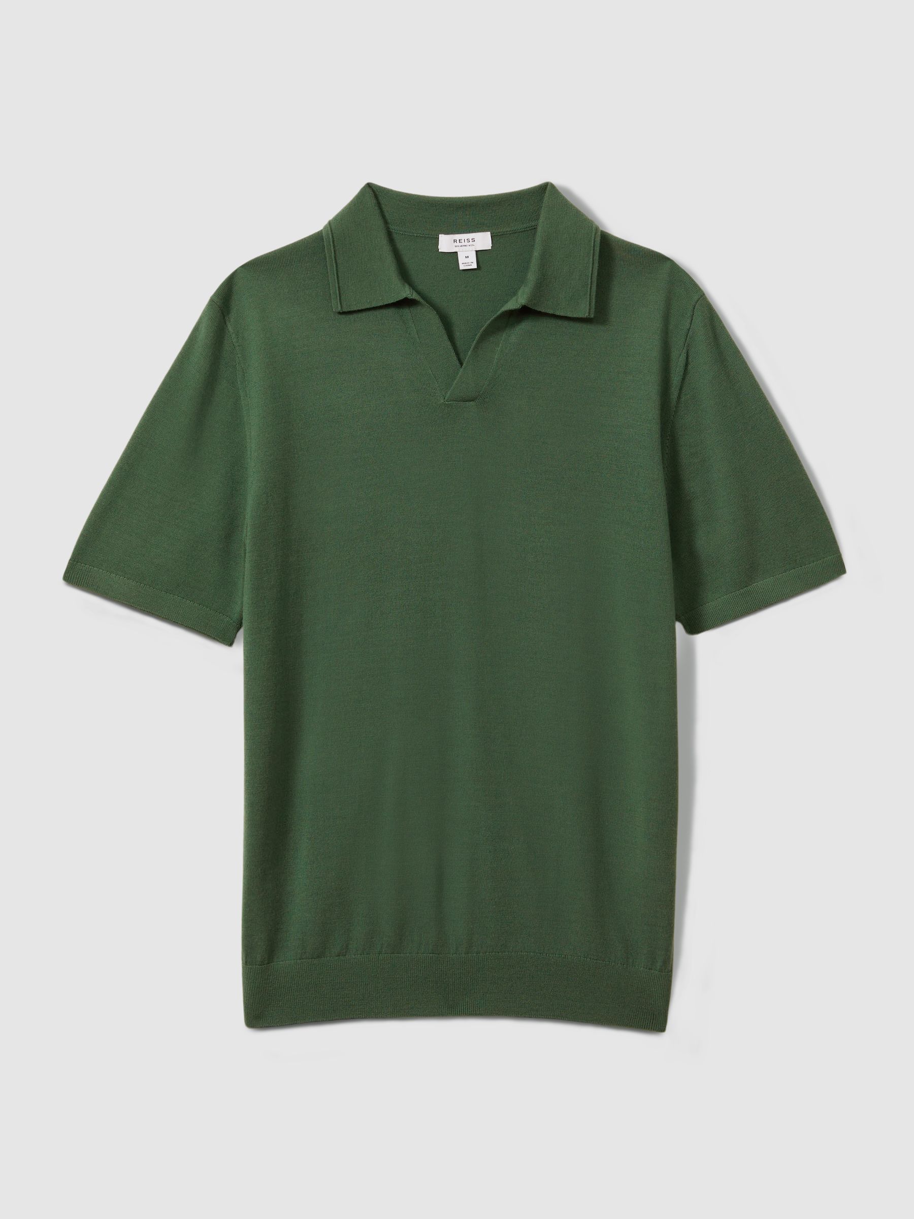 Merino Wool Open Collar Polo Shirt in Lizard Green - Image 2 of 6