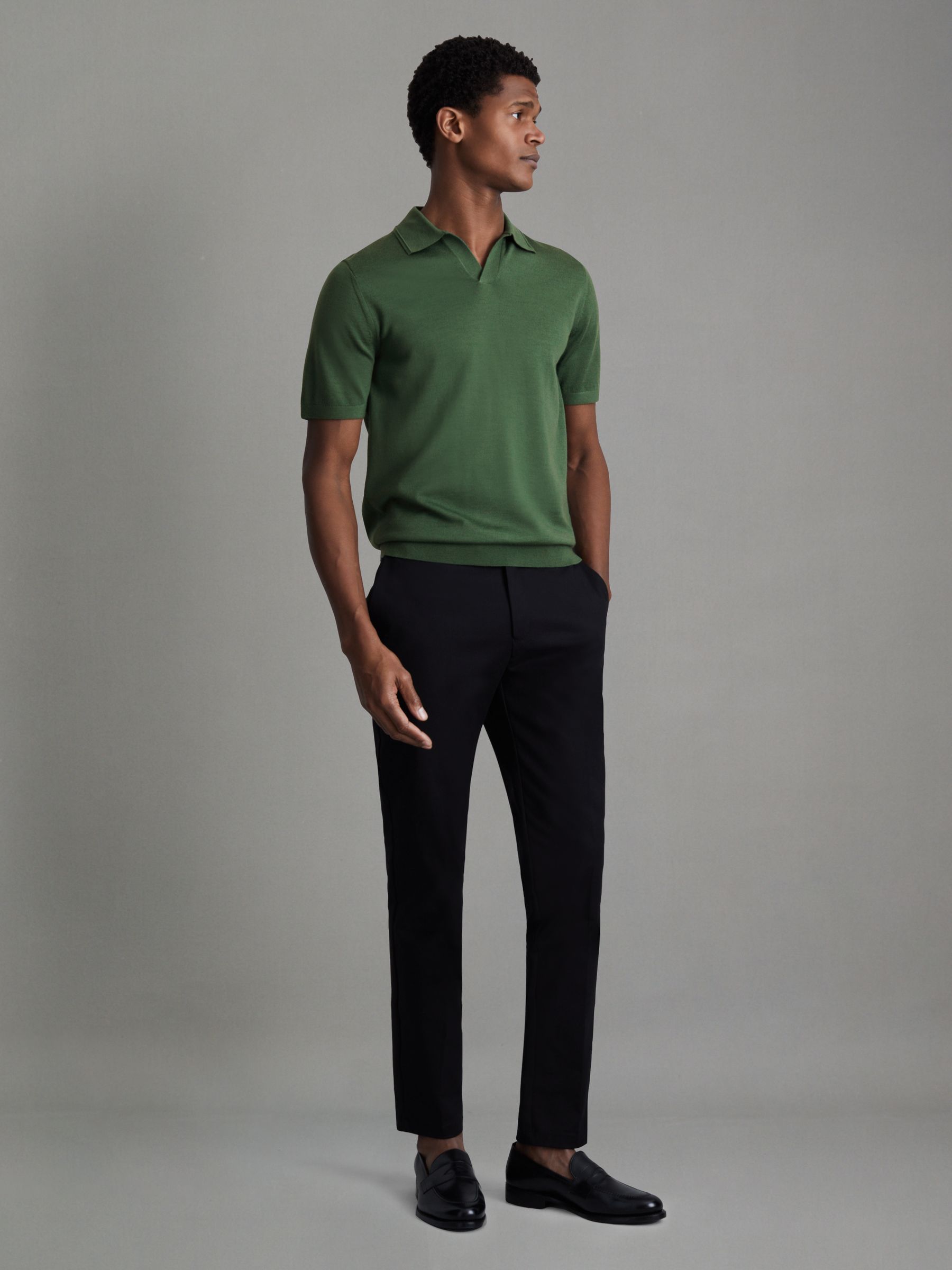 Merino Wool Open Collar Polo Shirt in Lizard Green - Image 3 of 6