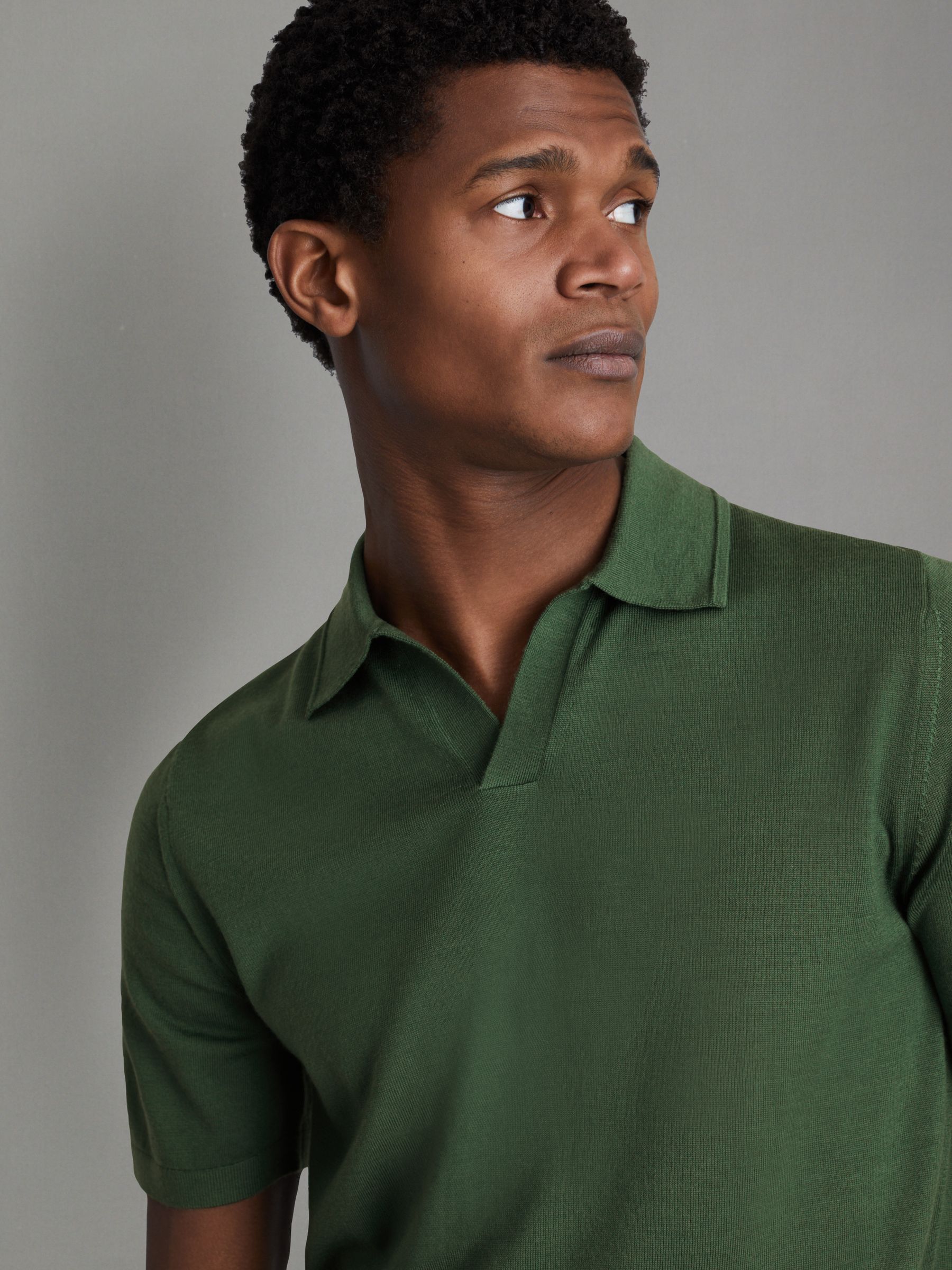 Merino Wool Open Collar Polo Shirt in Lizard Green - Image 4 of 6