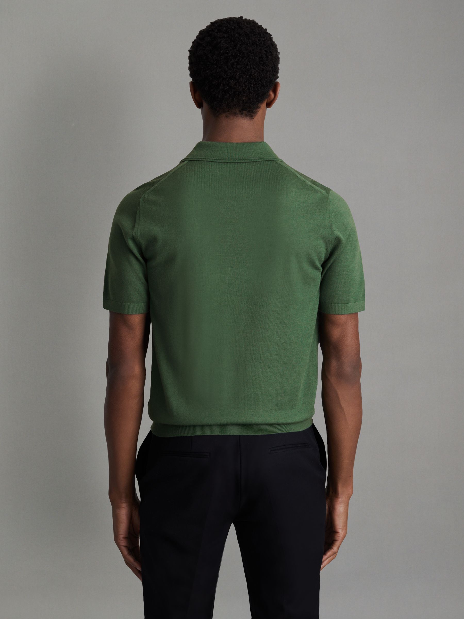 Merino Wool Open Collar Polo Shirt in Lizard Green - Image 5 of 6