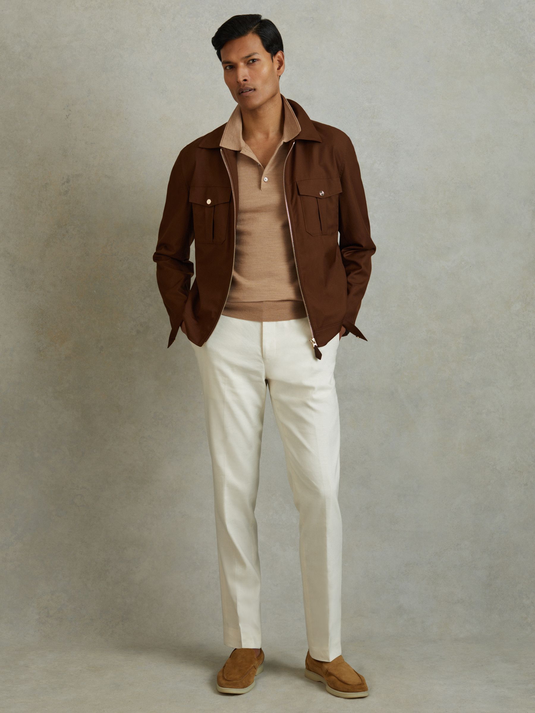 Merino Wool Short Sleeve Polo Shirt in Camel Melange - Image 1 of 5 Merino Wool Short Sleeve Polo Shirt in Camel Melange - Image 1 of 5