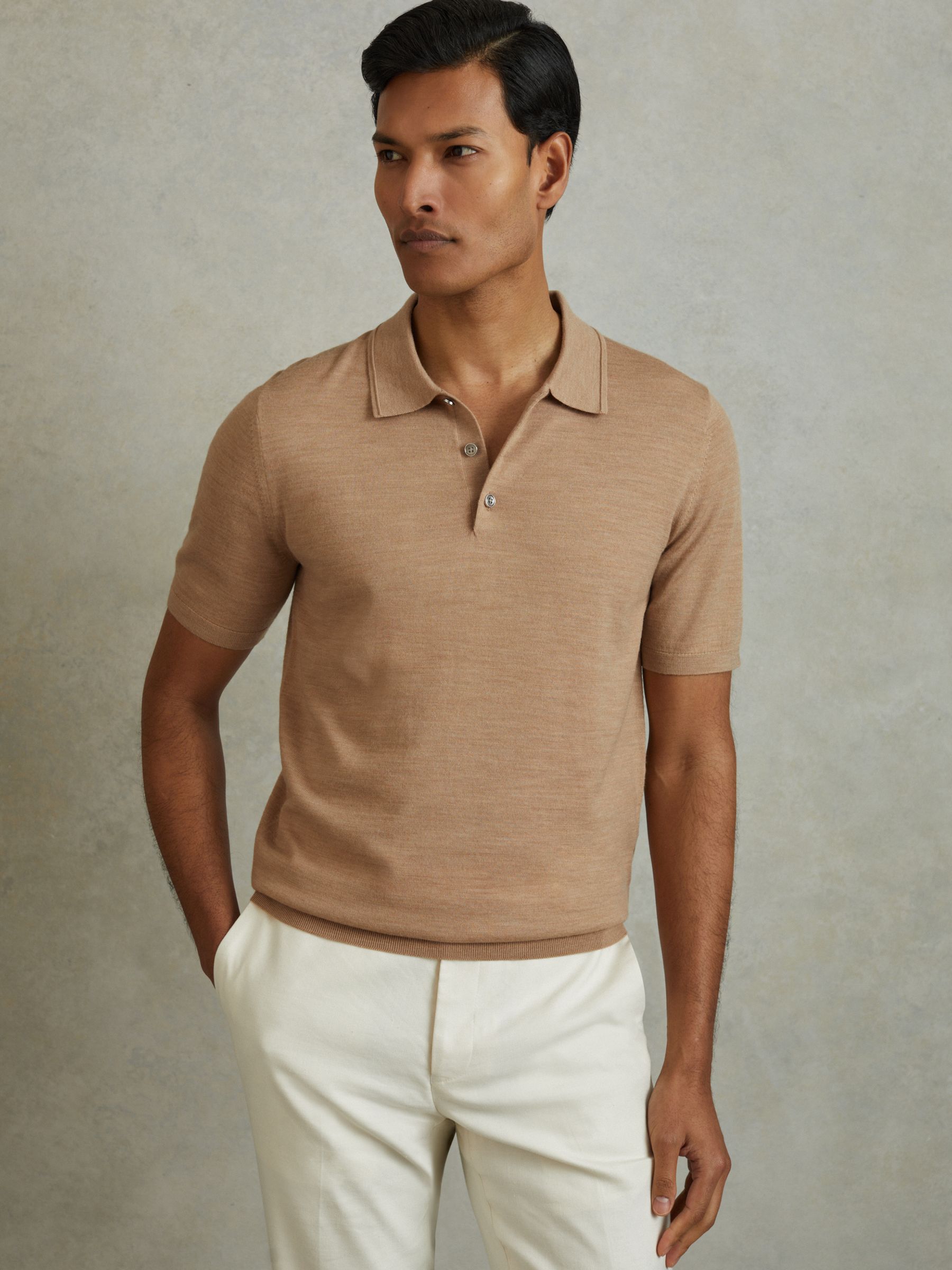 Merino Wool Short Sleeve Polo Shirt in Camel Melange - Image 3 of 5