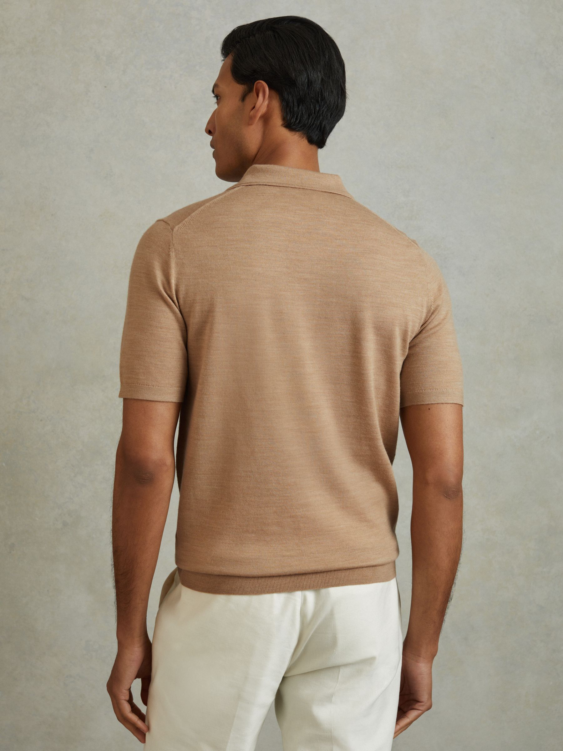 Merino Wool Short Sleeve Polo Shirt in Camel Melange - Image 4 of 5