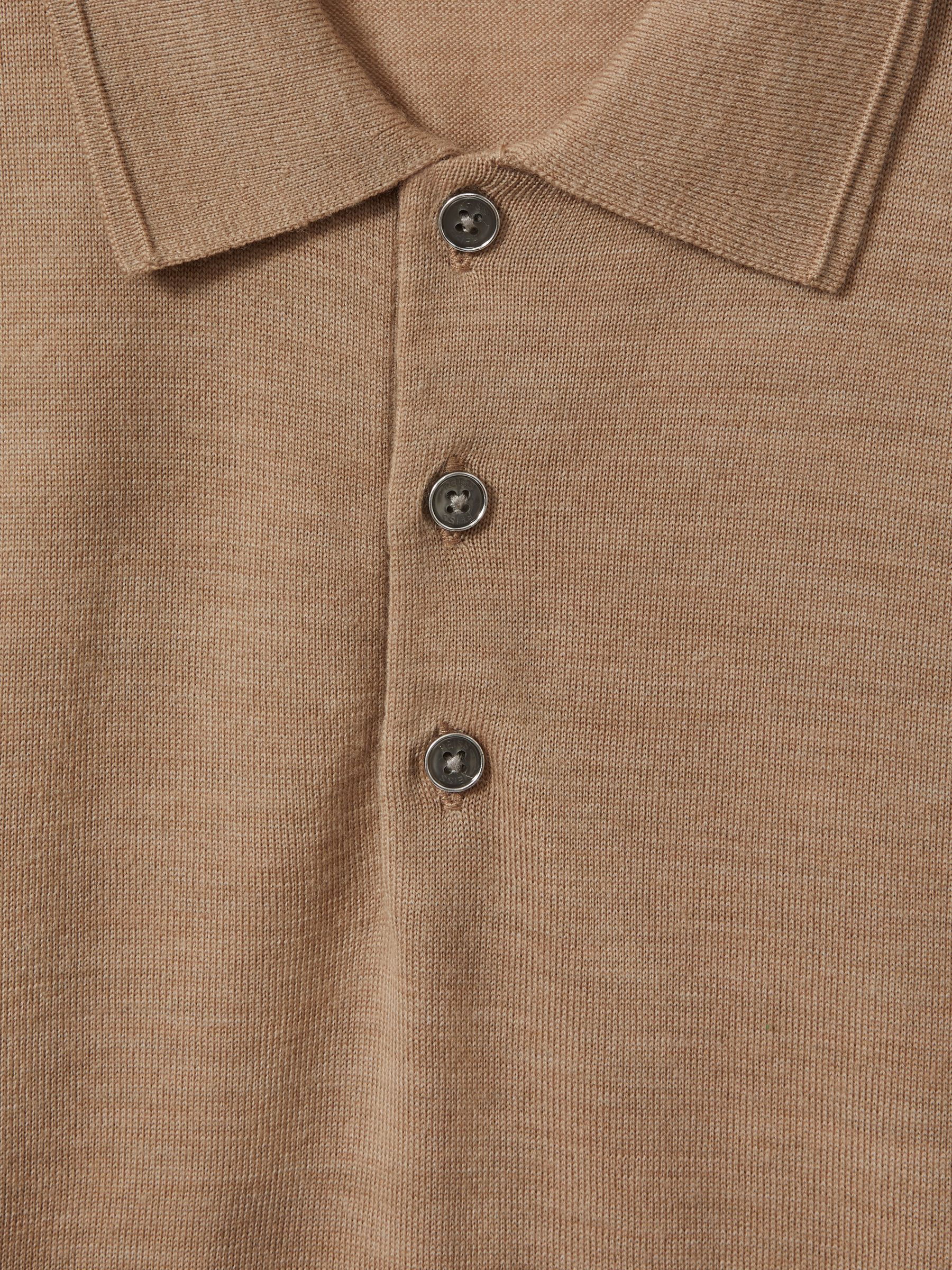 Merino Wool Short Sleeve Polo Shirt in Camel Melange - Image 5 of 5