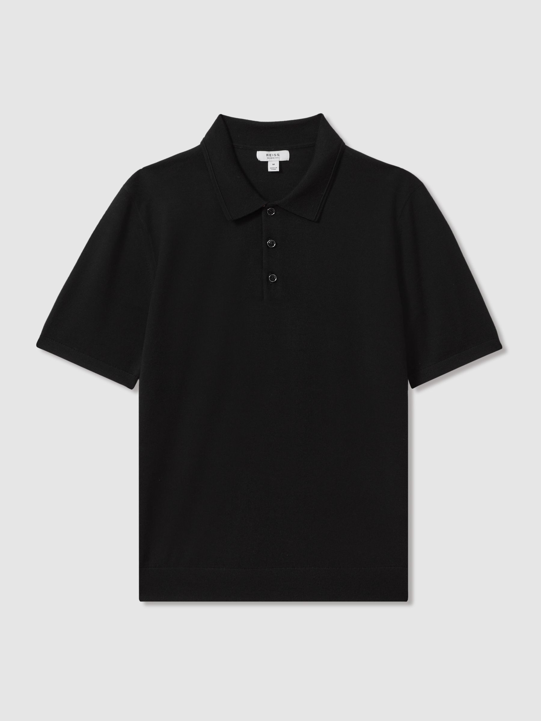 Merino Wool Short-Sleeve Polo Shirt in Black - Image 2 of 6